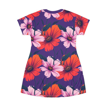 Purple Pink and Orange Floral T-Shirt Dress - Vibrant Comfort for Summer Days - Even Keel LLC