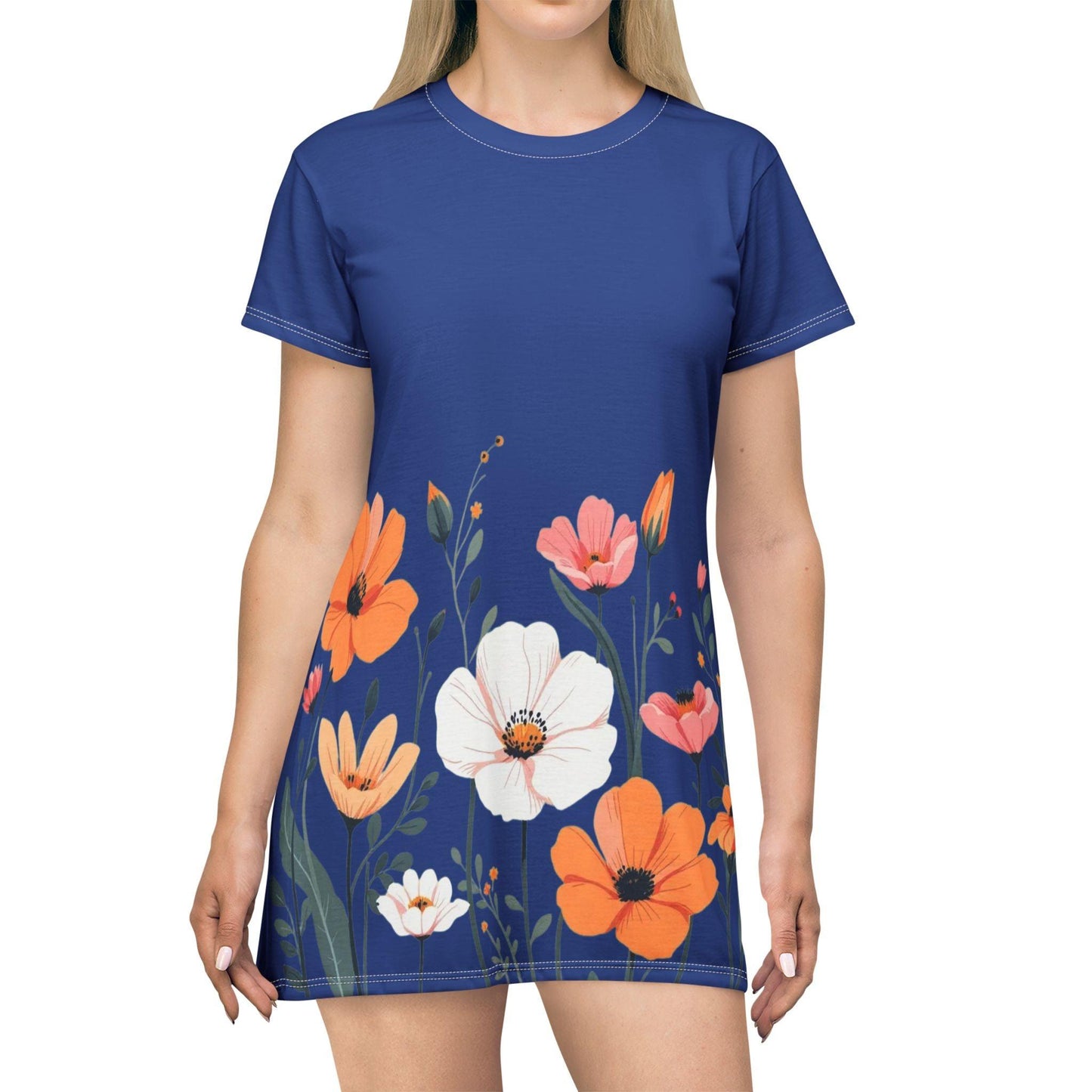 Floral Print T-Shirt Dress - Casual Summer Florals Orange White Pink Blue - Even Keel LLC