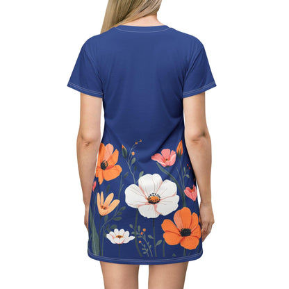 Floral Print T-Shirt Dress - Casual Summer Florals Orange White Pink Blue - Even Keel LLC