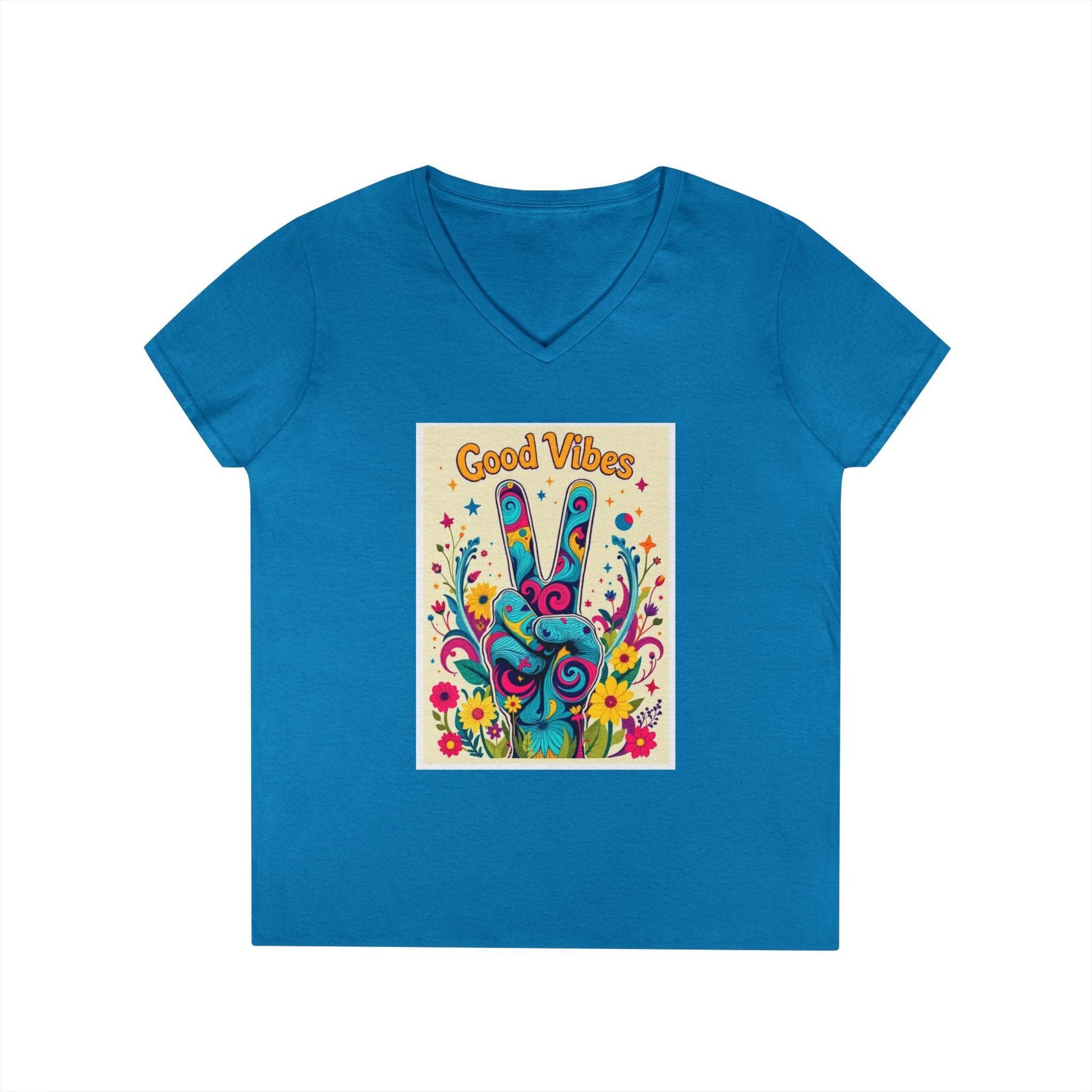 Good Vibes Ladies' V-Neck T-Shirt Peace & Positivity Design.