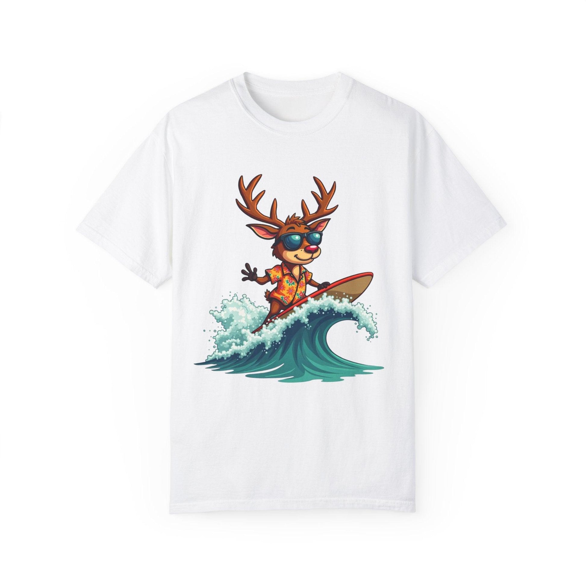 Surfing Reindeer T-Shirt for Fun Holiday Casual Wear - Even Keel LLC