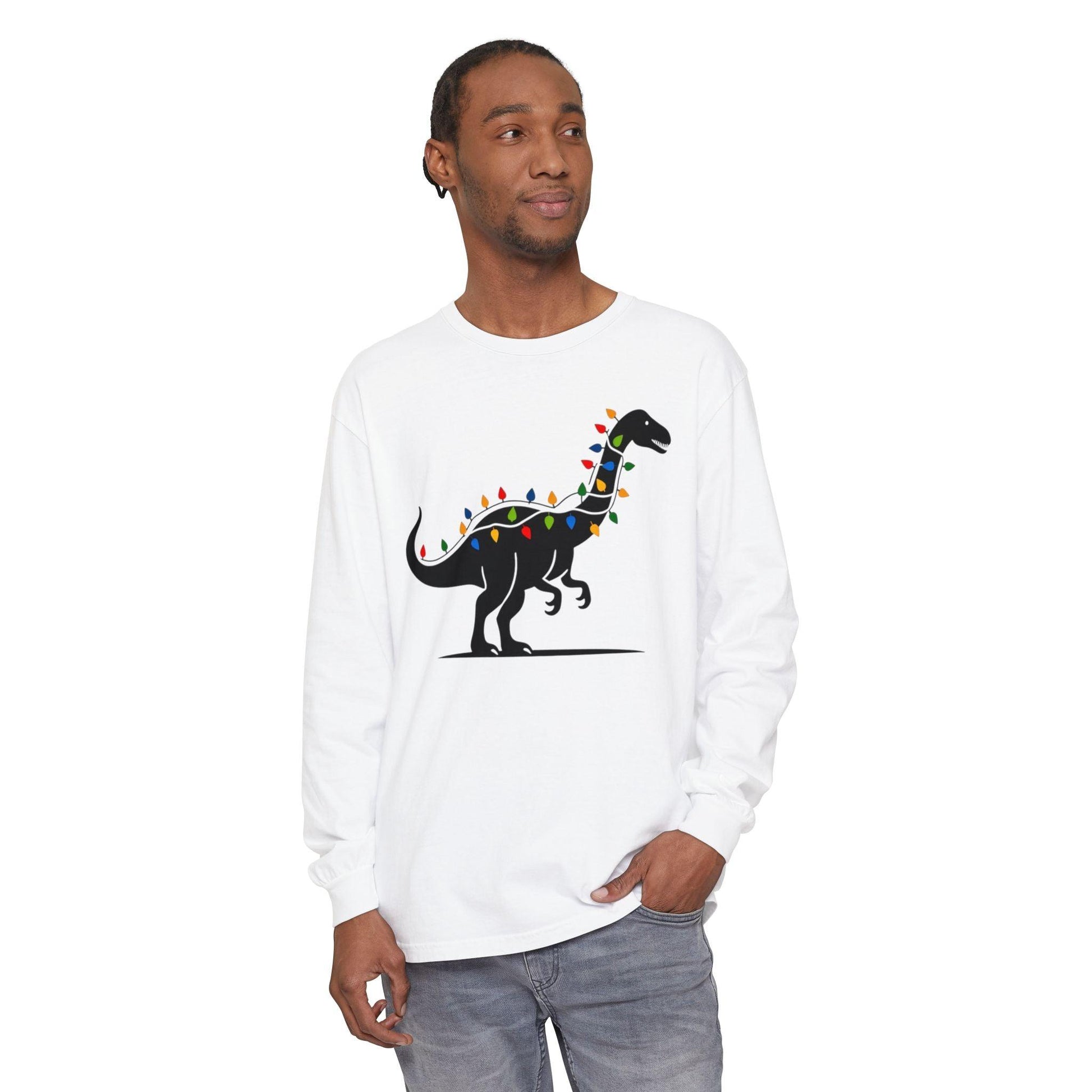 Christmas Dinosaur Long Sleeve T-Shirt for Holiday Fun - Even Keel LLC