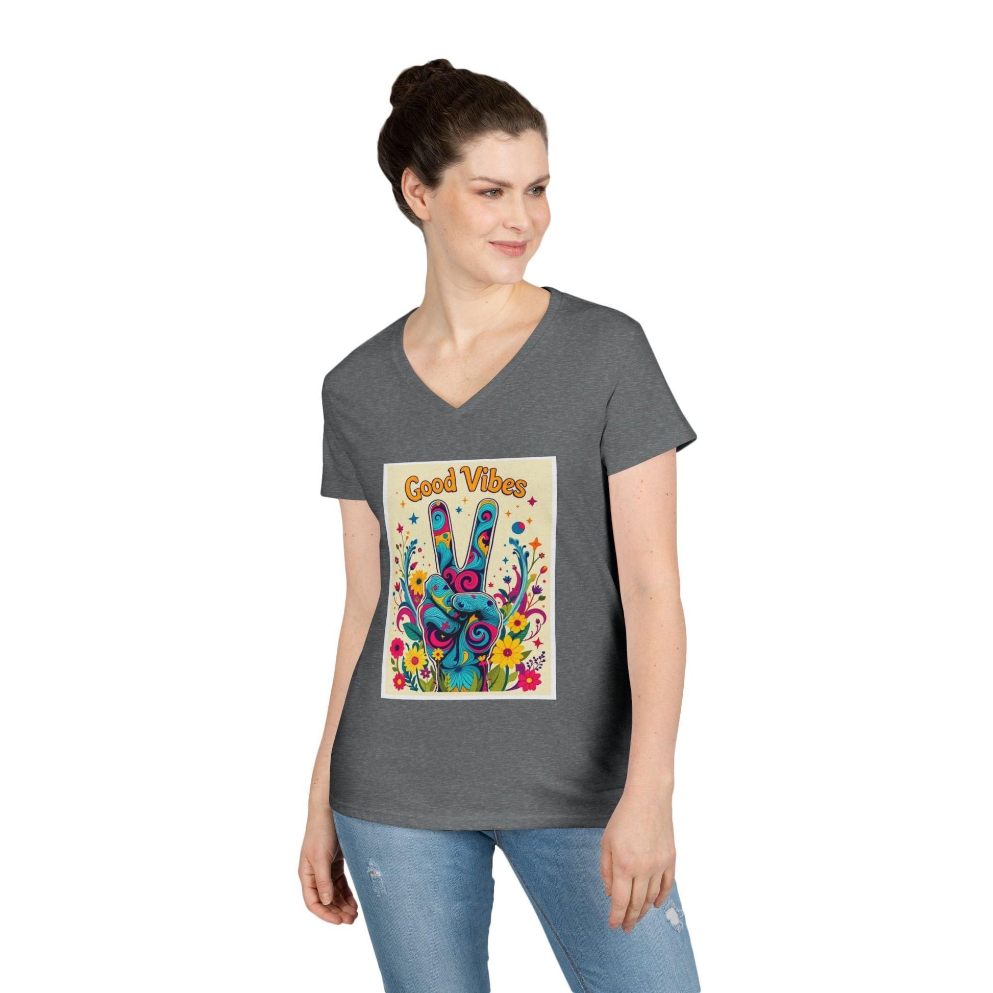 Good Vibes Ladies' V-Neck T-Shirt Peace & Positivity Design.