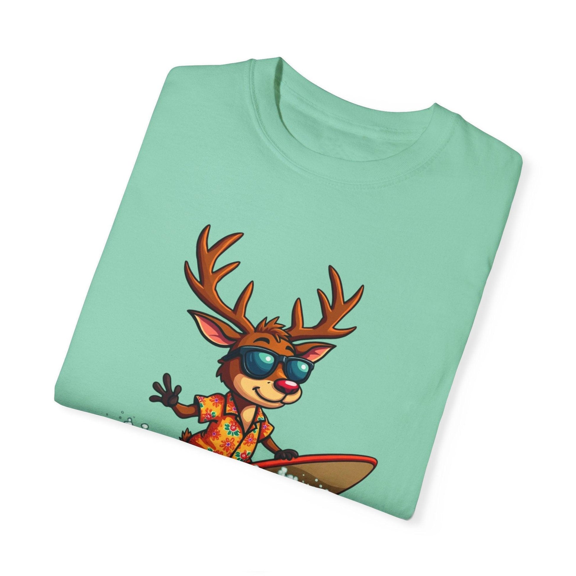 Surfing Reindeer T-Shirt for Fun Holiday Casual Wear - Even Keel LLC