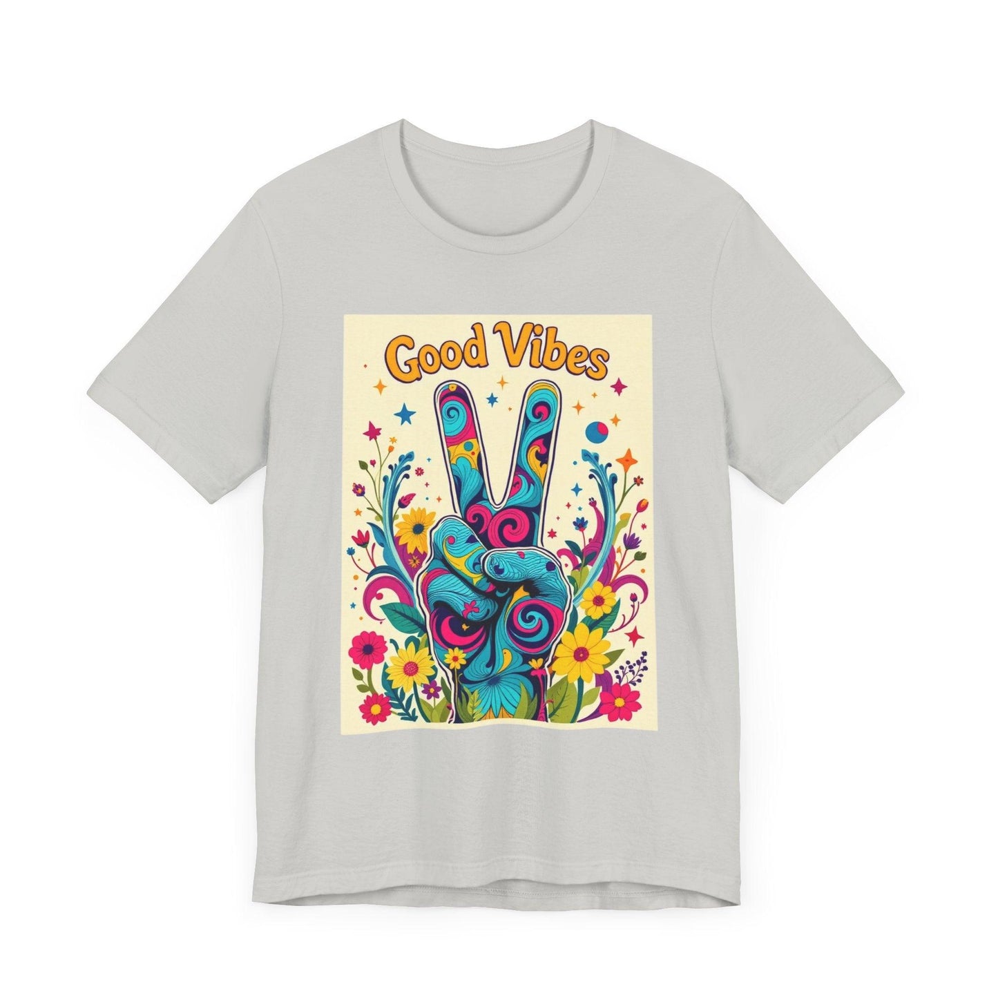 Good Vibes Unisex Jersey Tee Colorful Peace Flower Design - Even Keel LLC