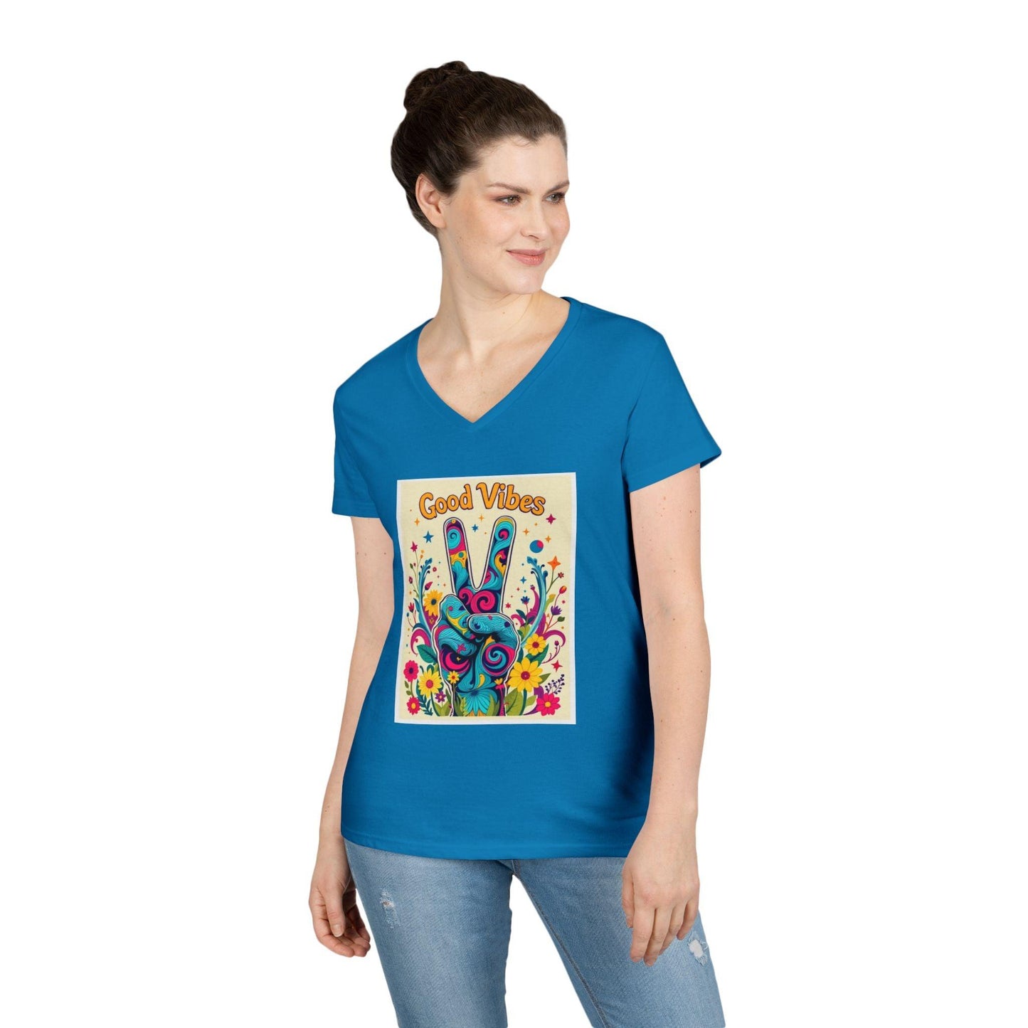 Good Vibes Ladies' V-Neck T-Shirt Peace & Positivity Design - Even Keel LLC