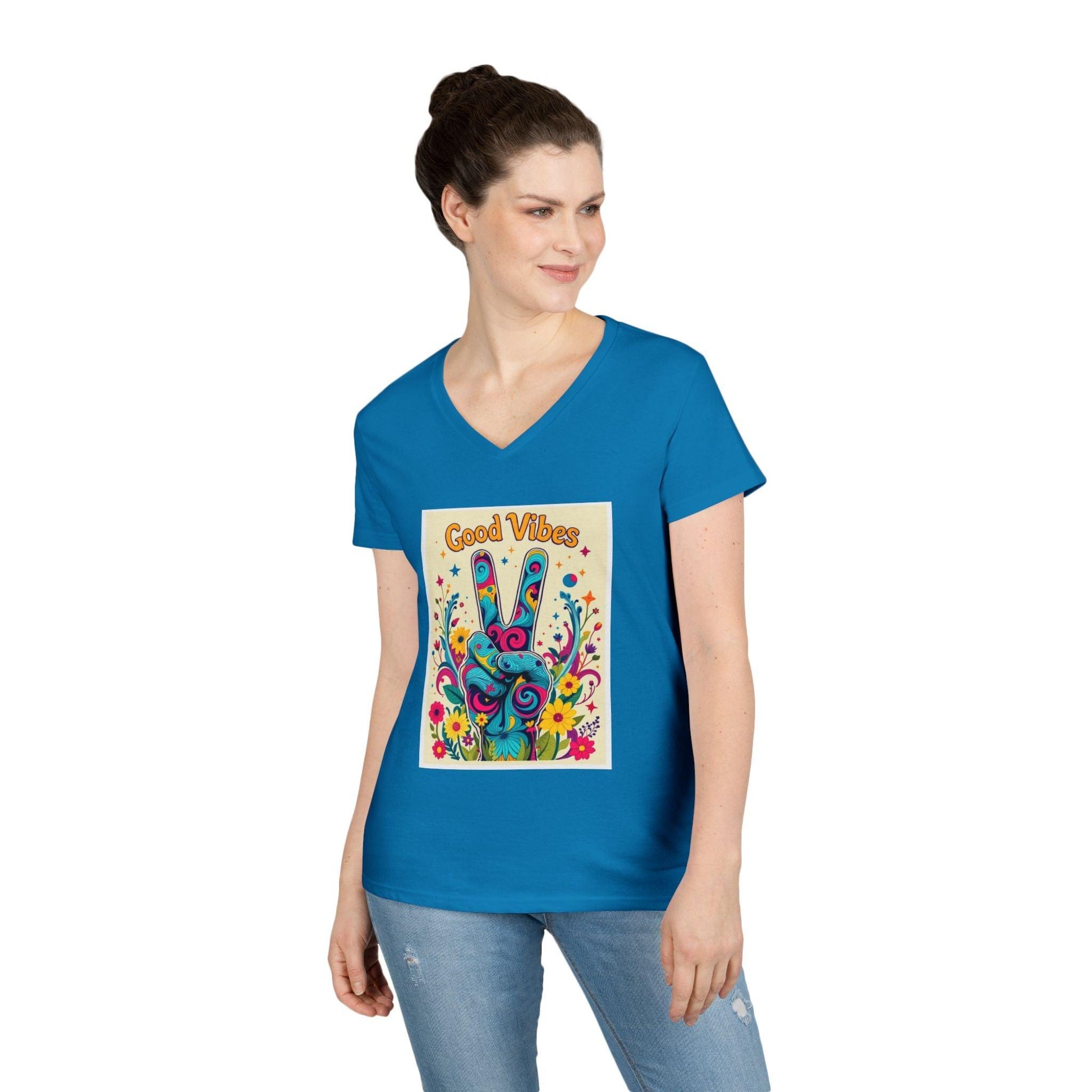 Good Vibes Ladies' V-Neck T-Shirt Peace & Positivity Design.