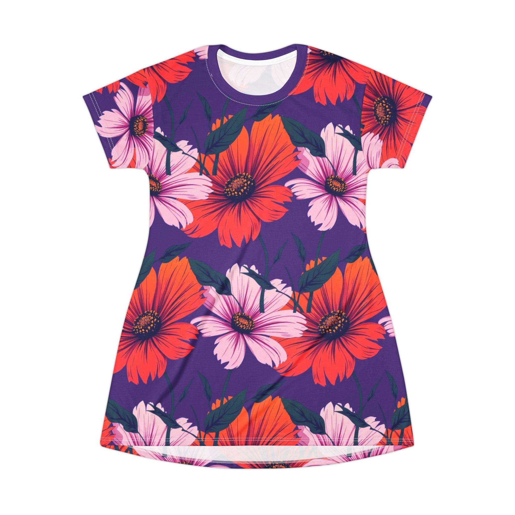 Purple Pink and Orange Floral T-Shirt Dress - Vibrant Comfort for Summer Days - Even Keel LLC