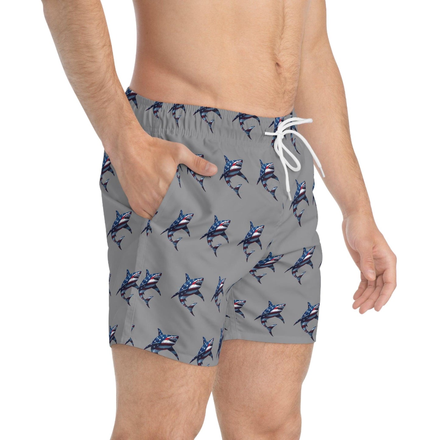 Patriotic Shark Print Swim Trunks - Perfect for Summer and Beach Adventures - Even Keel LLC