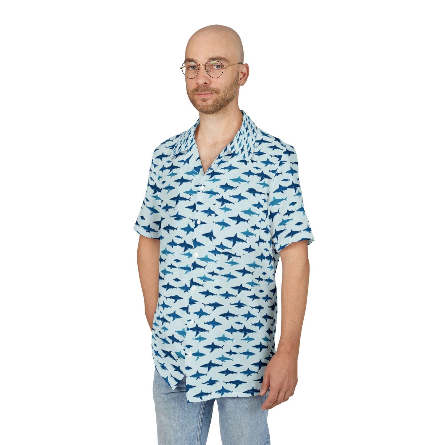 Tropical Shark Print Unisex Hawaiian Button-Down Shirt - Even Keel LLC