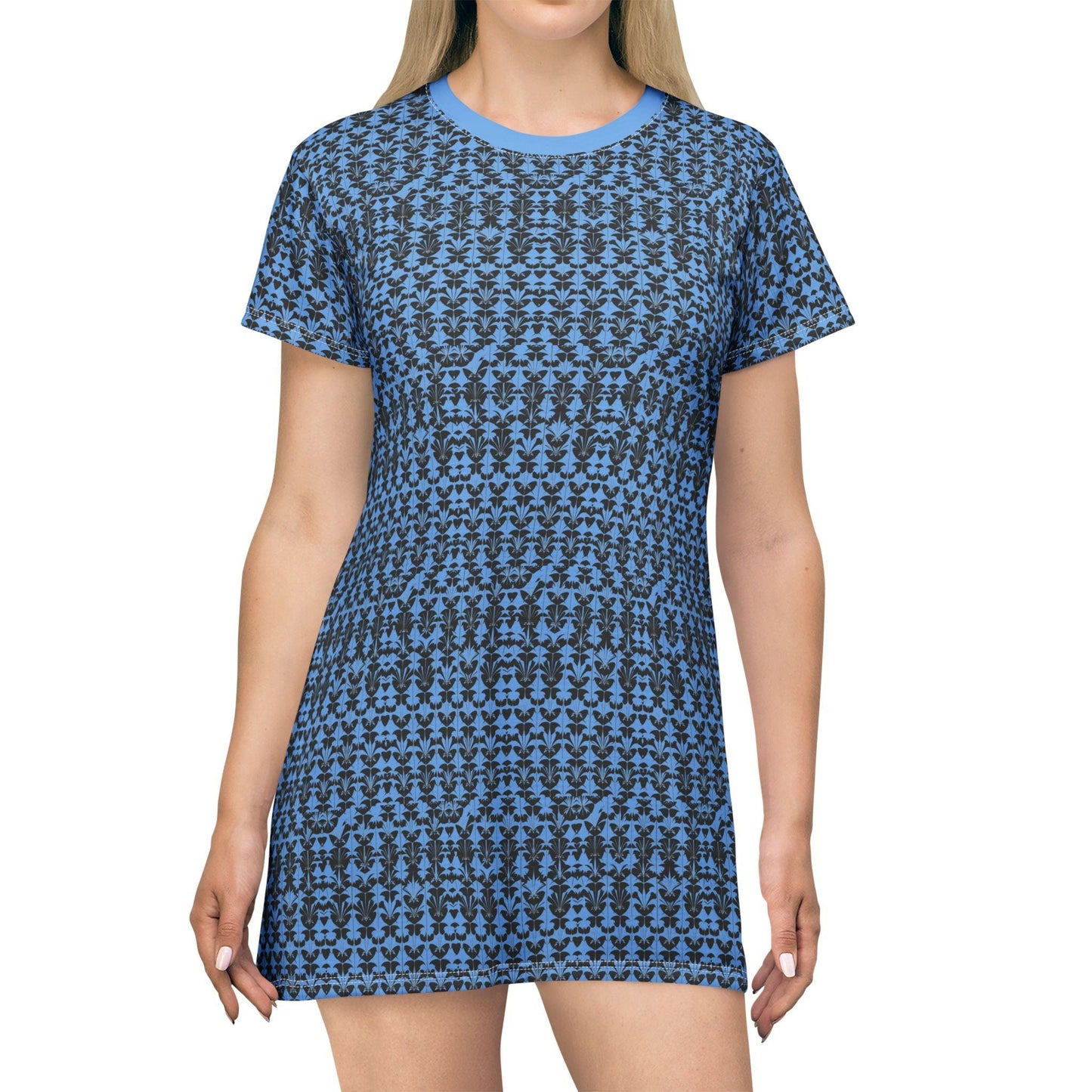 Blue Patterned T-Shirt Dress - Comfortable Casual Floral Dress - Even Keel LLC