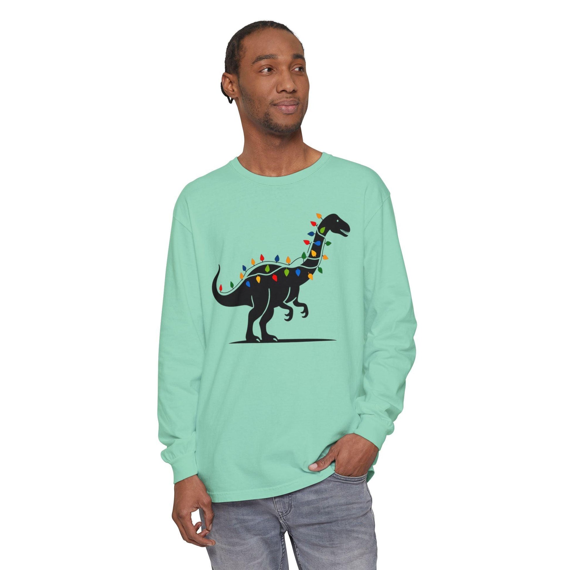 Christmas Dinosaur Long Sleeve T-Shirt for Holiday Fun - Even Keel LLC