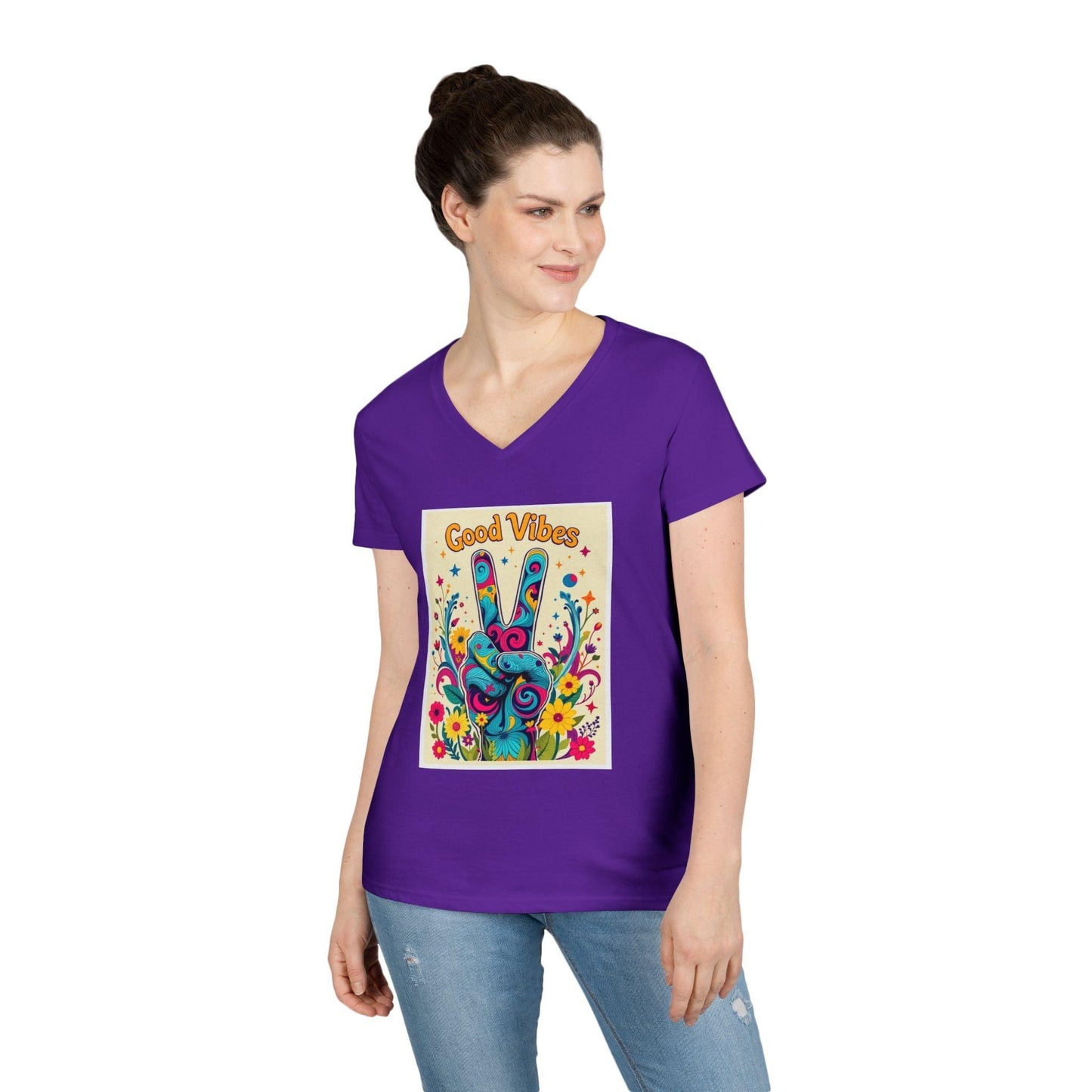 Good Vibes Ladies' V-Neck T-Shirt Peace & Positivity Design.