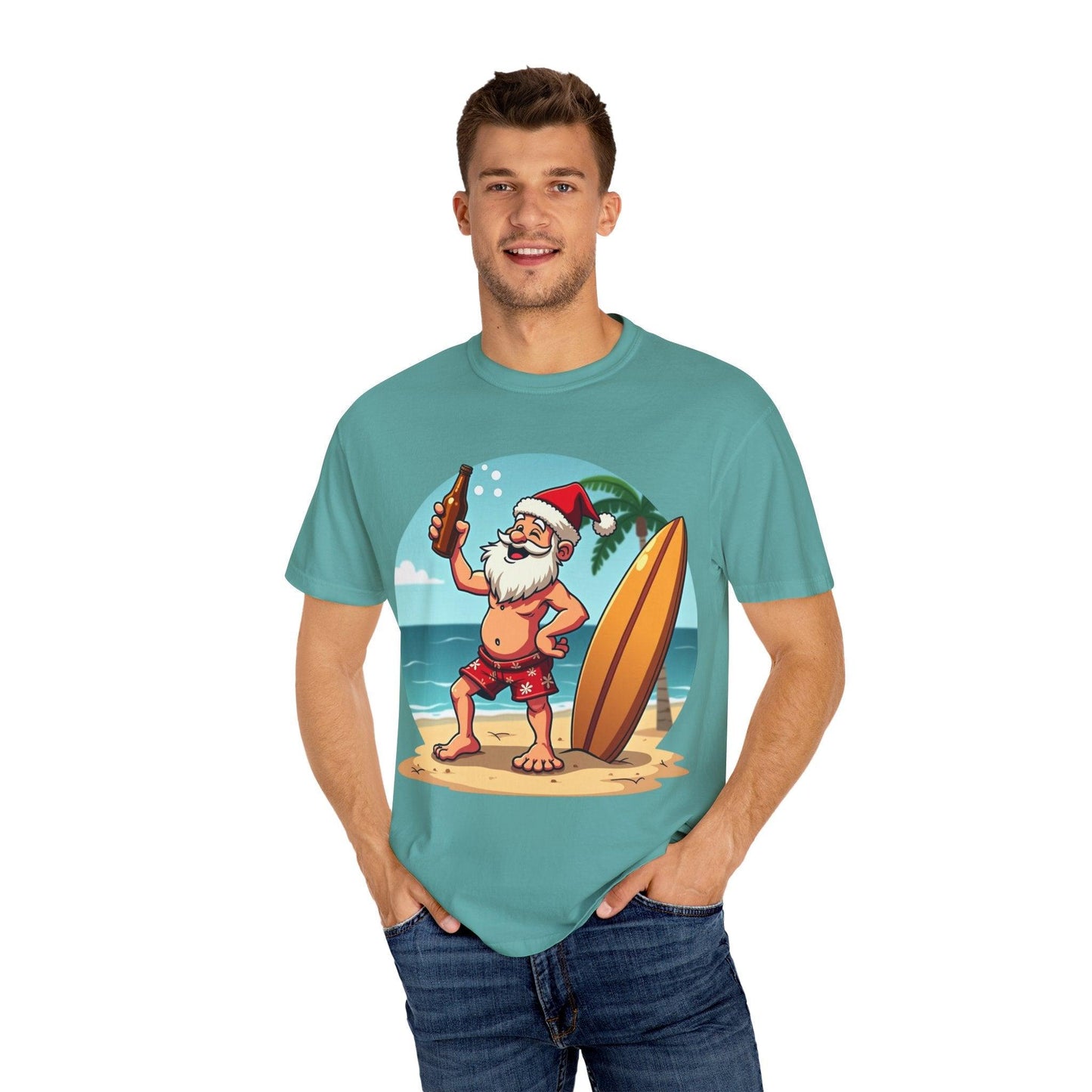 Santa Drinking Beer Surf Tropical Unisex T-Shirt for Fun - Even Keel LLC