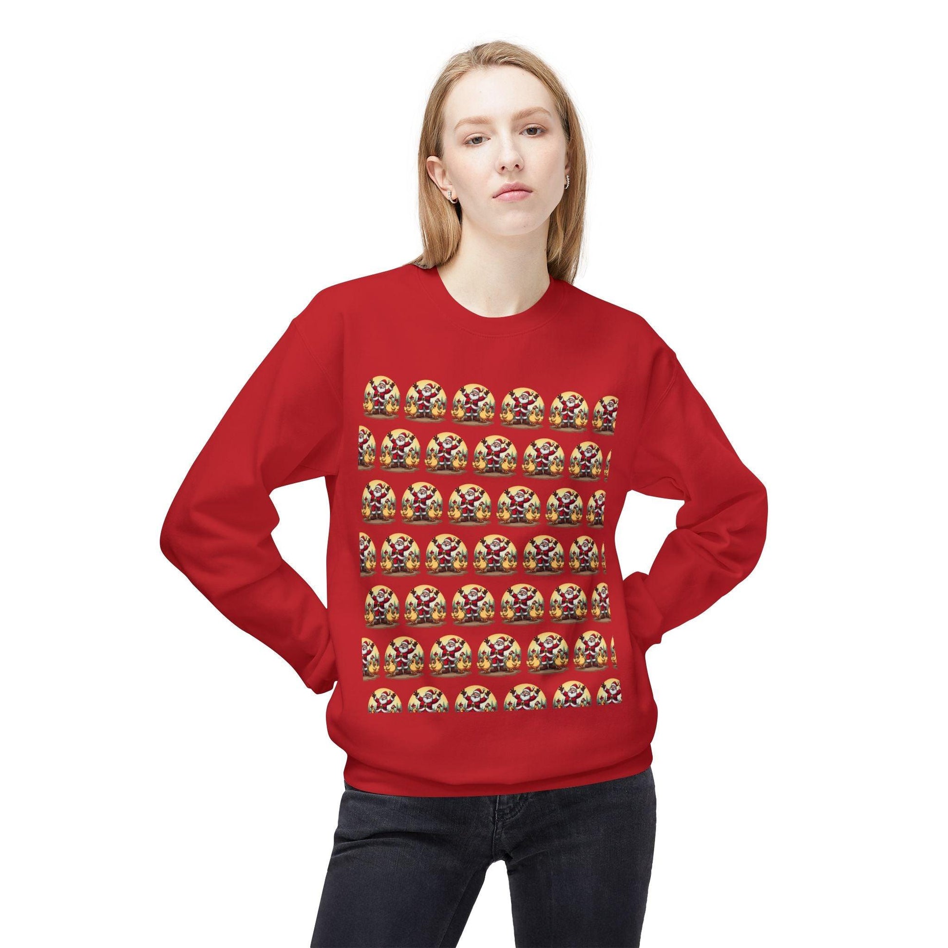 Santa With His Chicks Fleece Crewneck Sweatshirt for Adults - Even Keel LLC