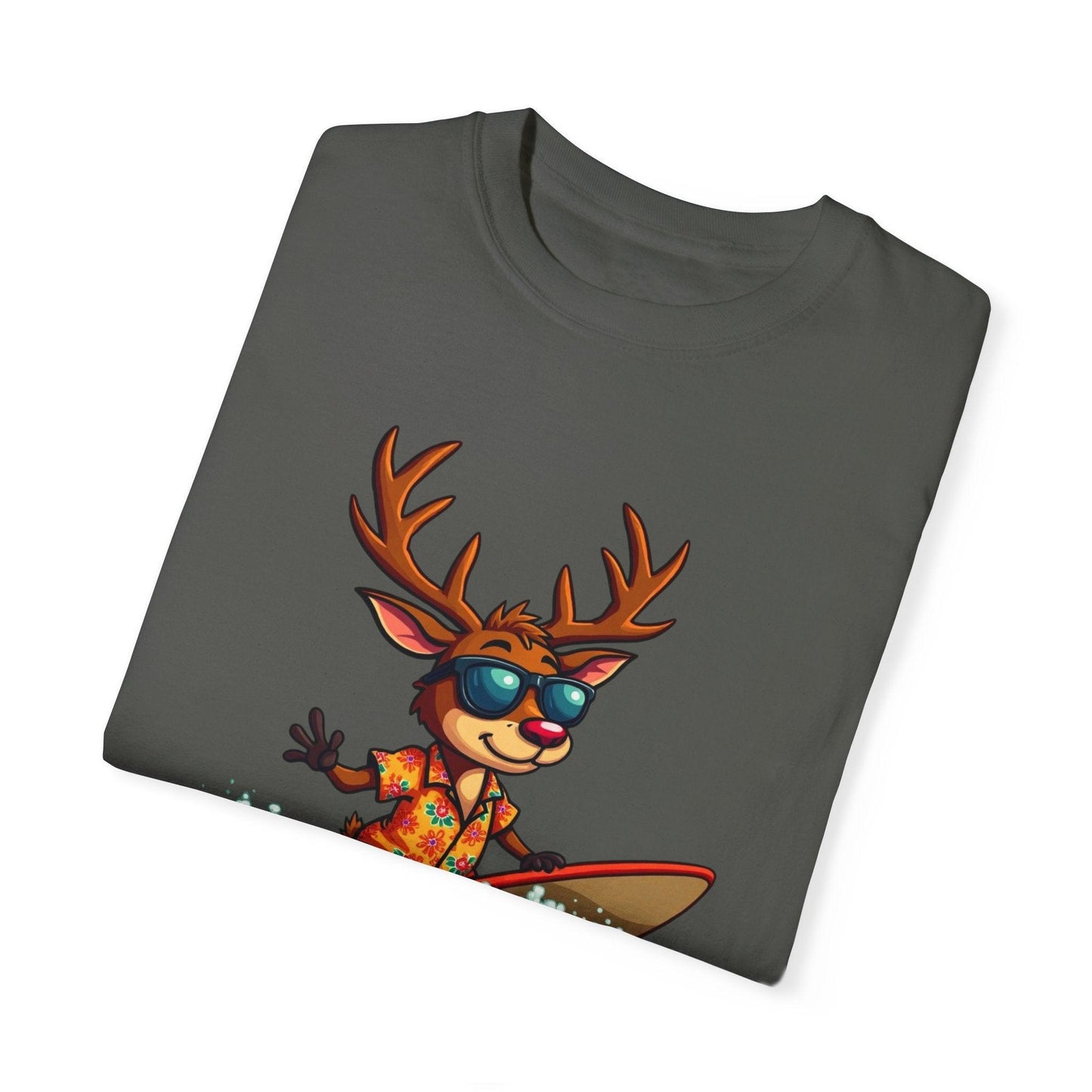 Surfing Reindeer T-Shirt for Fun Holiday Casual Wear - Even Keel LLC