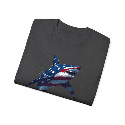 Patriotic Shark Unisex Ultra Cotton Tee | American Flag Design - Even Keel LLC