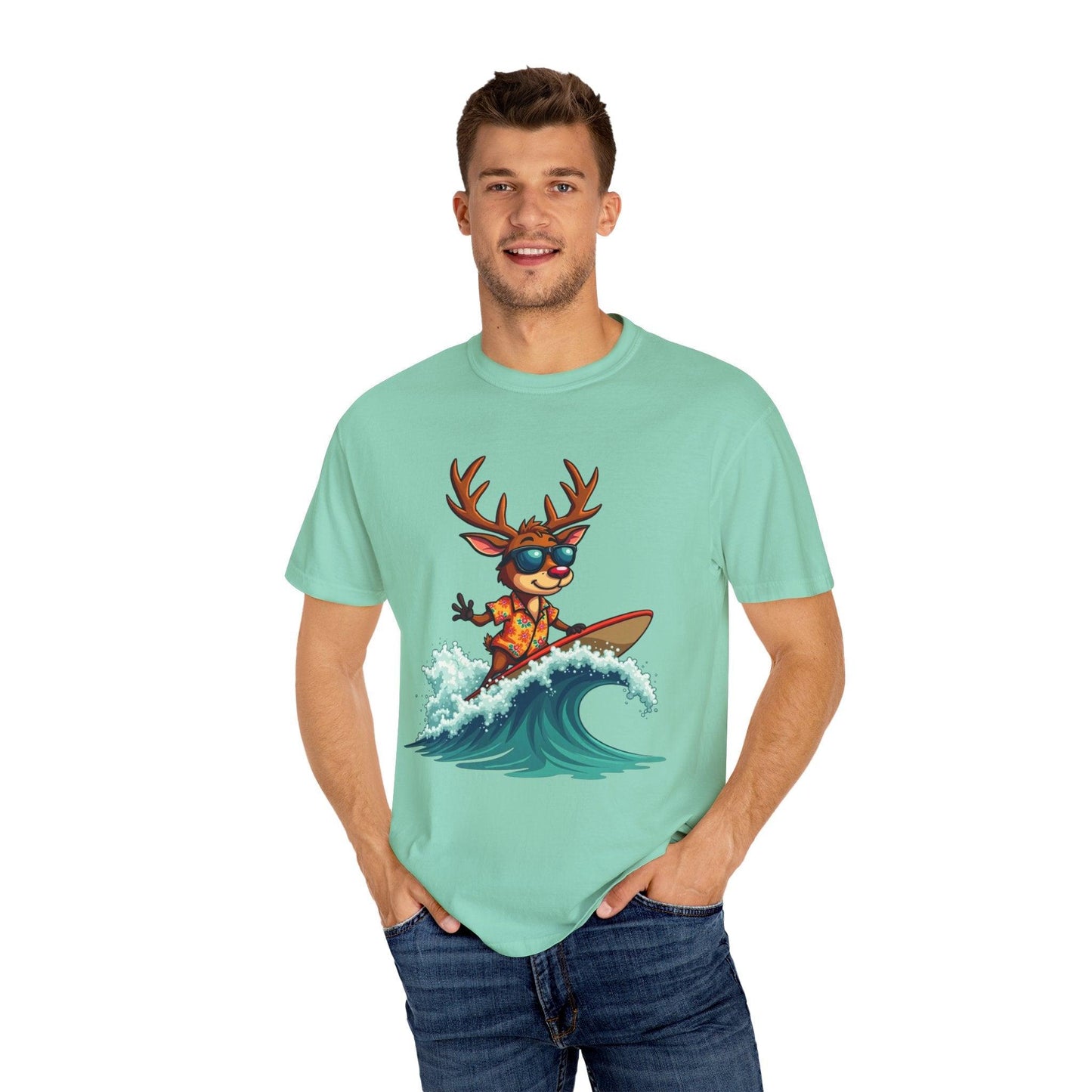 Surfing Reindeer T-Shirt for Fun Holiday Casual Wear - Even Keel LLC