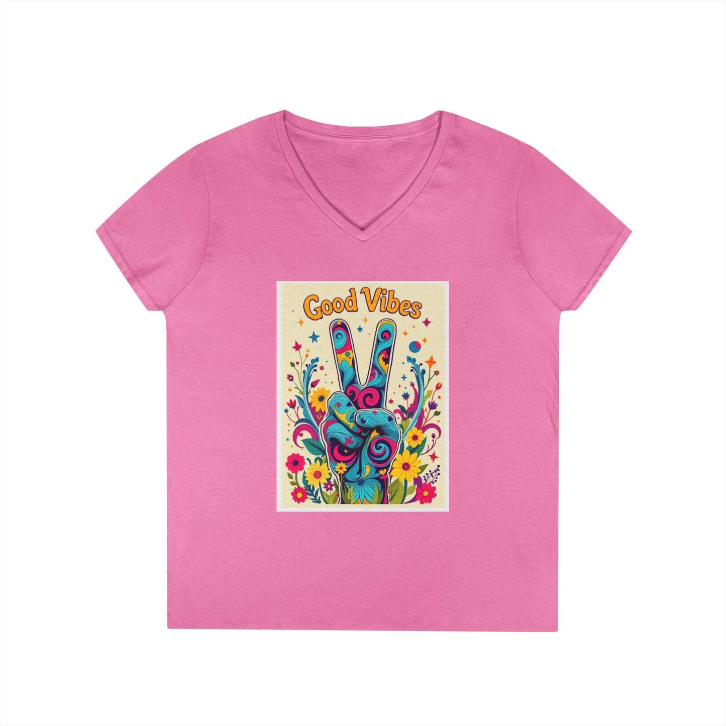 Good Vibes Ladies' V-Neck T-Shirt Peace & Positivity Design.