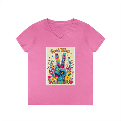 Good Vibes Ladies' V-Neck T-Shirt Peace & Positivity Design - Even Keel LLC