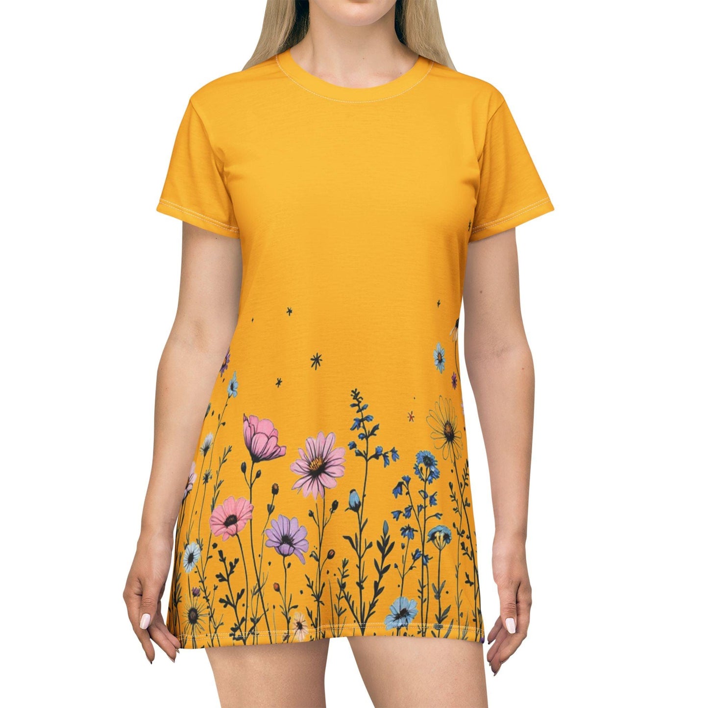 Sunshine Floral T-Shirt Dress - Bright Yellow Floral Style - Even Keel LLC