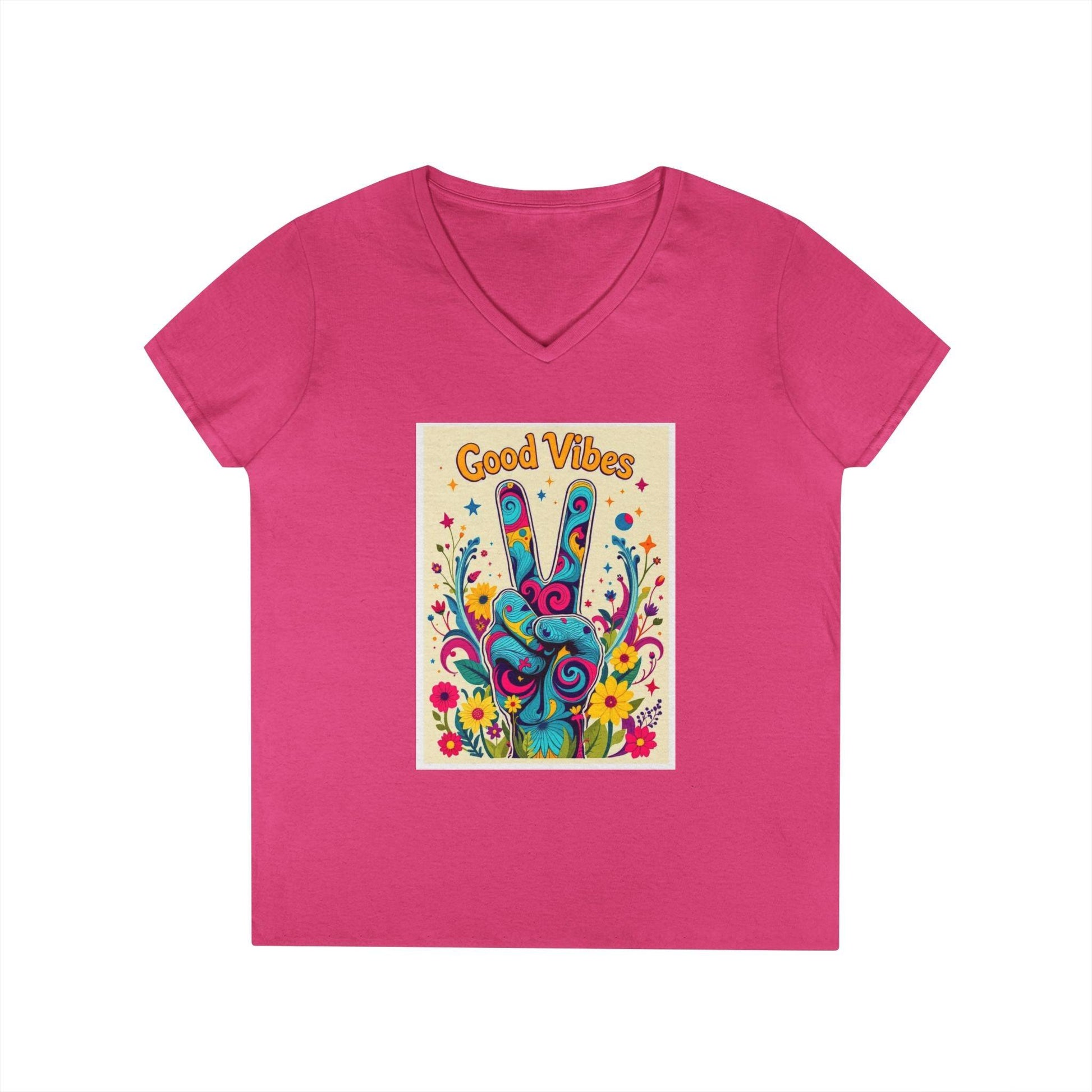 Good Vibes Ladies' V-Neck T-Shirt Peace & Positivity Design.