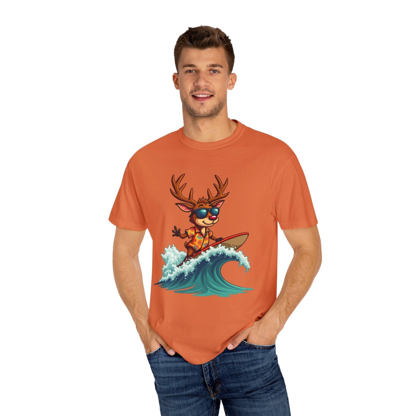 Surfing Reindeer T-Shirt for Fun Holiday Casual Wear - Even Keel LLC