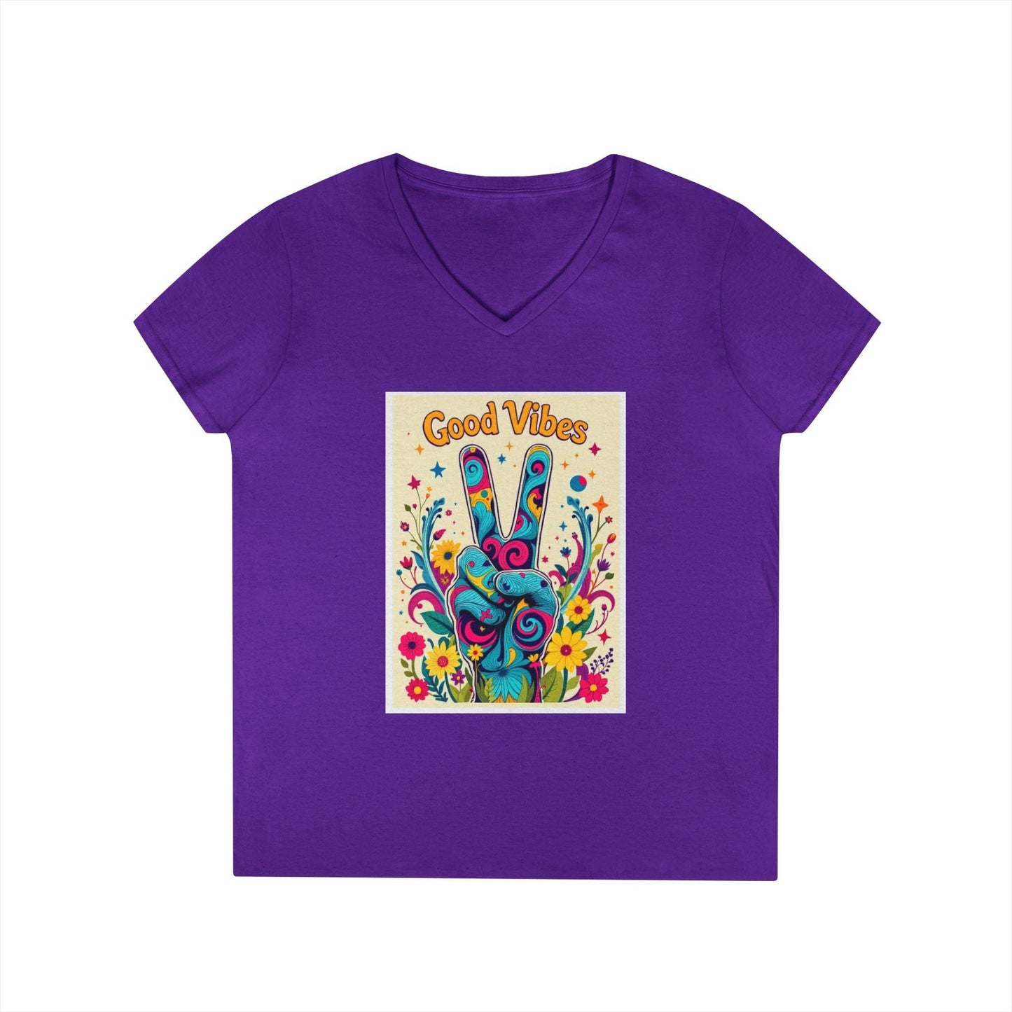 Good Vibes Ladies' V-Neck T-Shirt Peace & Positivity Design - Even Keel LLC