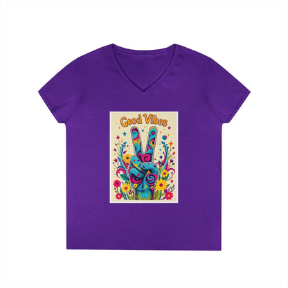 Good Vibes Ladies' V-Neck T-Shirt Peace & Positivity Design.