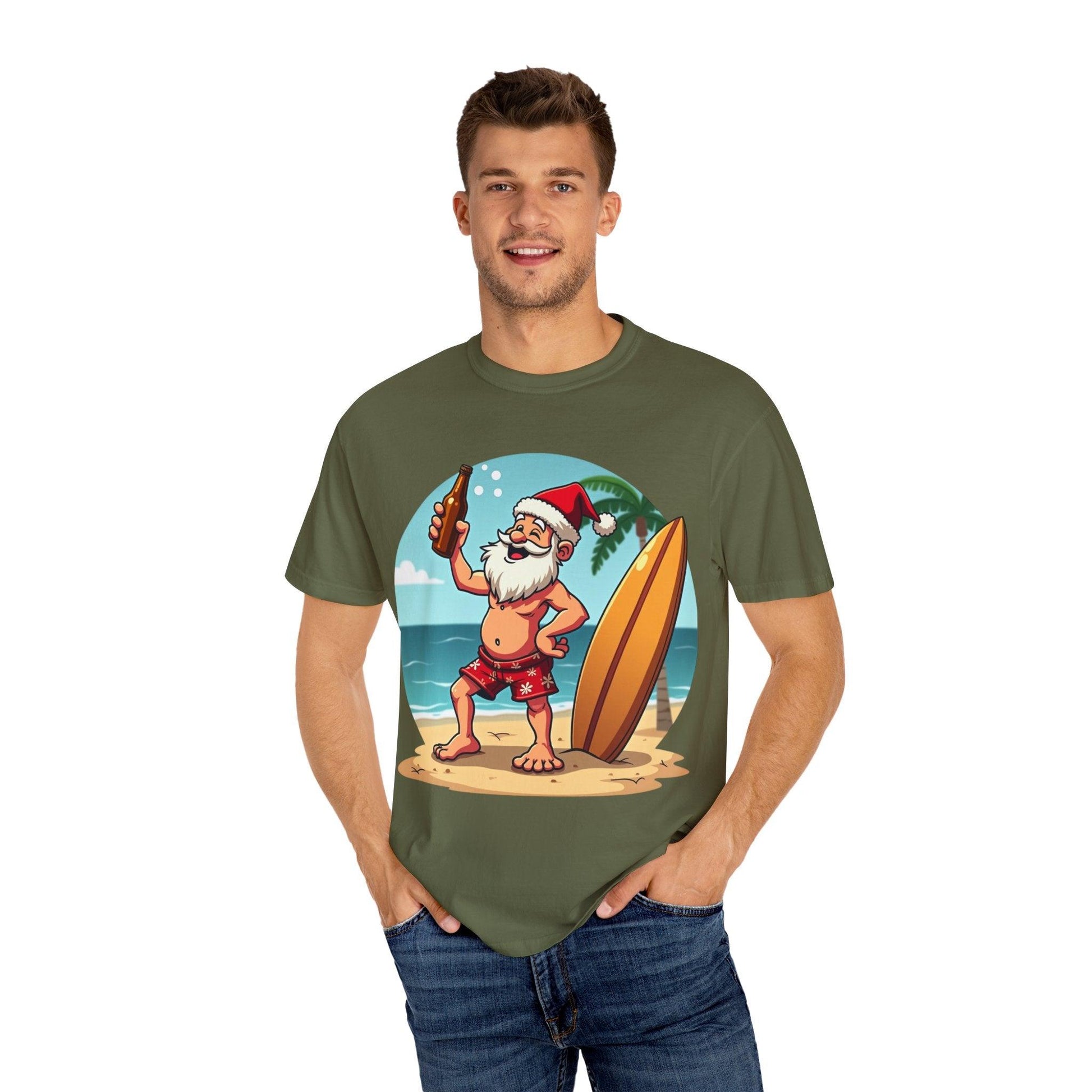 Santa Drinking Beer Surf Tropical Unisex T-Shirt for Fun - Even Keel LLC