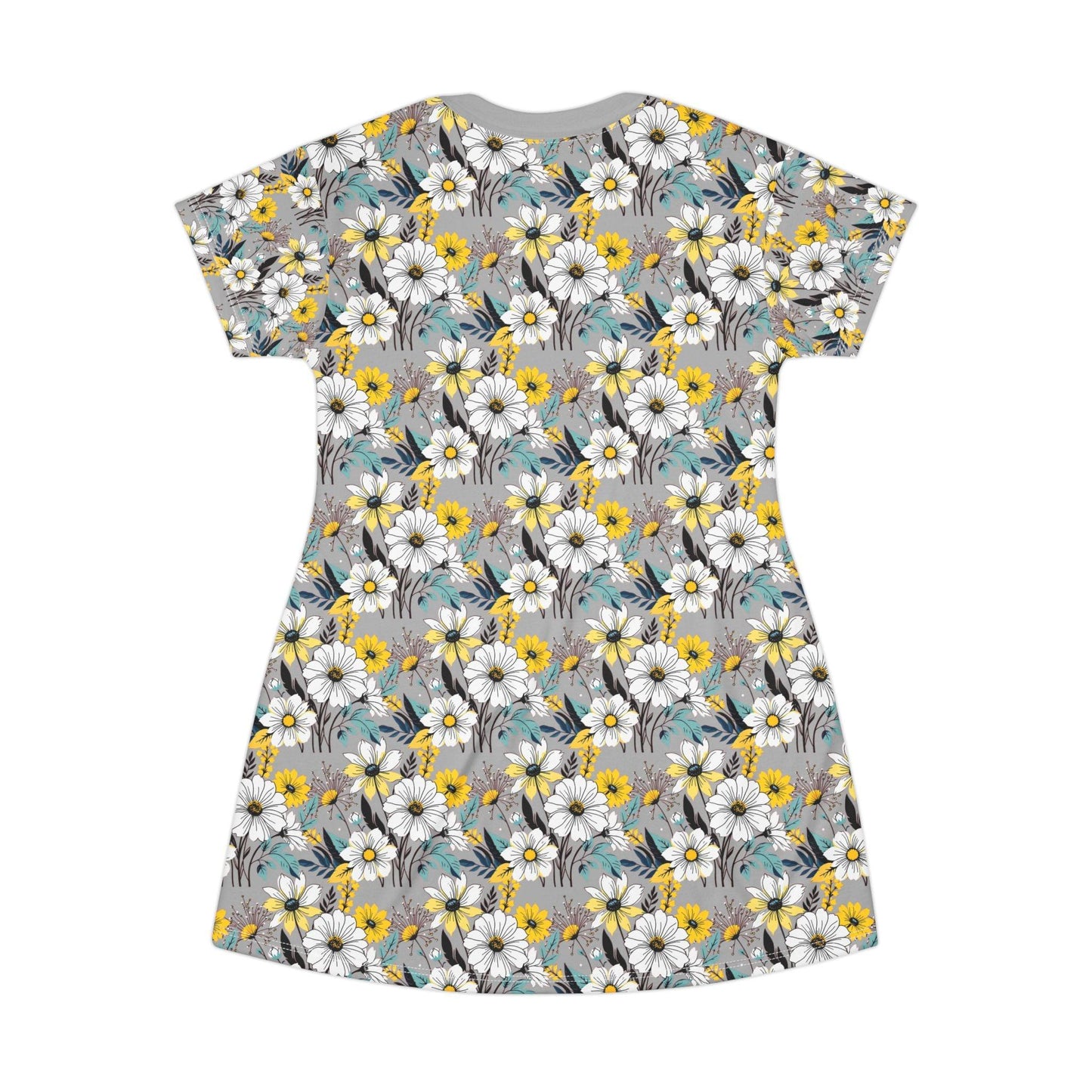 Floral Summer T-Shirt Dress Gray Yellow White - Even Keel LLC