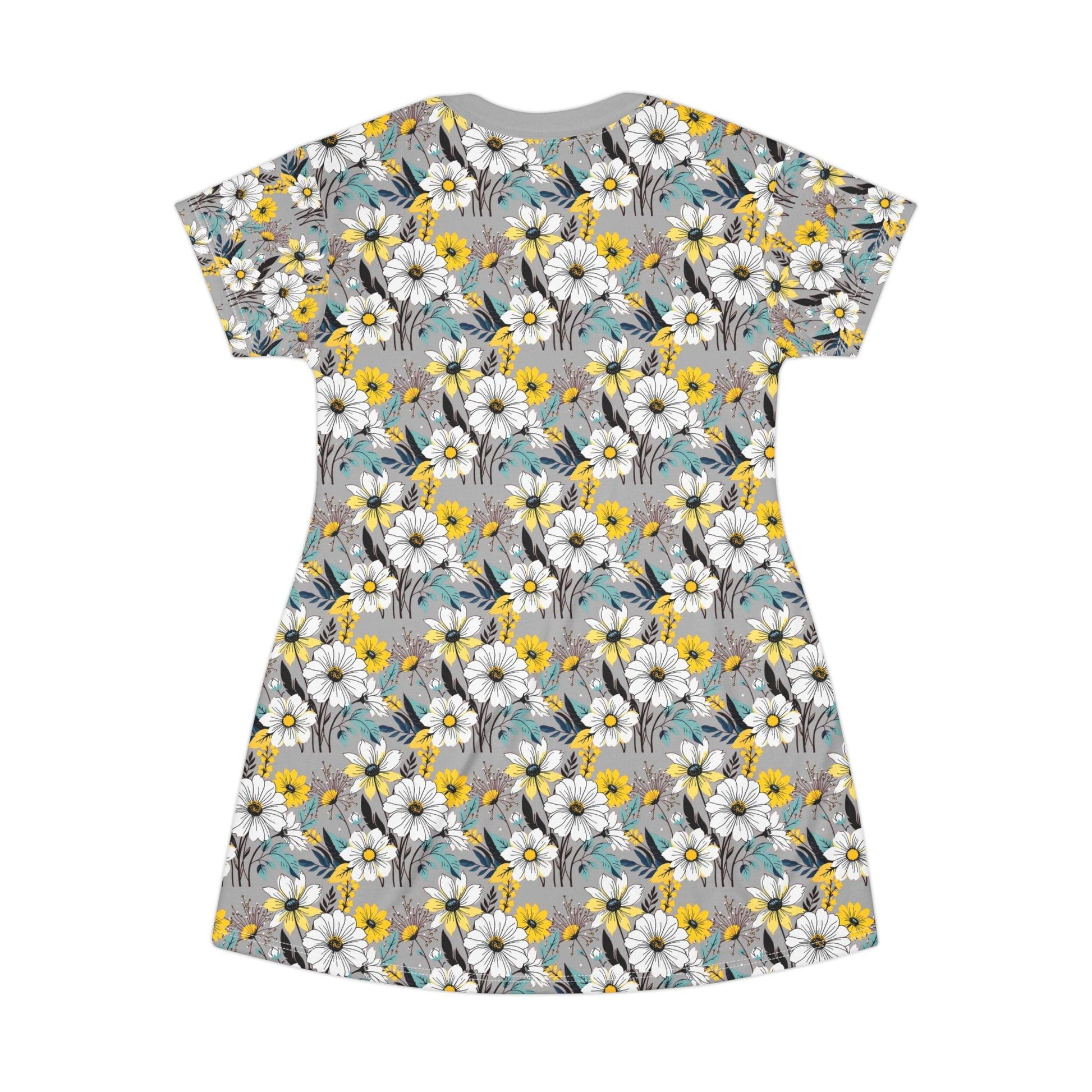 Floral Summer T-Shirt Dress Gray Yellow White - Even Keel LLC