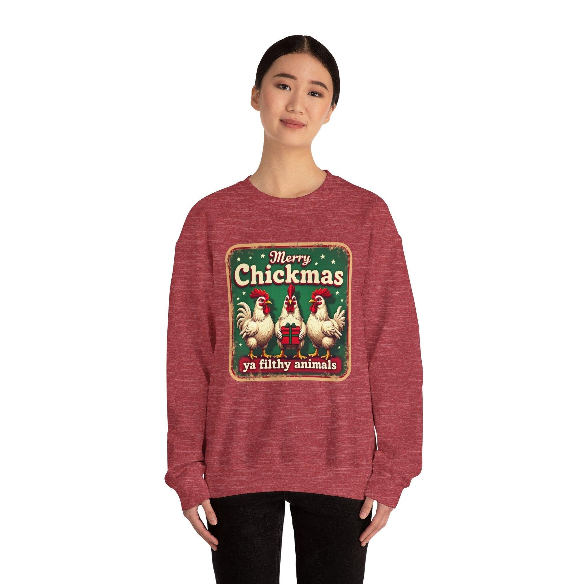 Christmas Crewneck Sweatshirt - Merry CHICKmas Ya Filthy Animals - Even Keel LLC