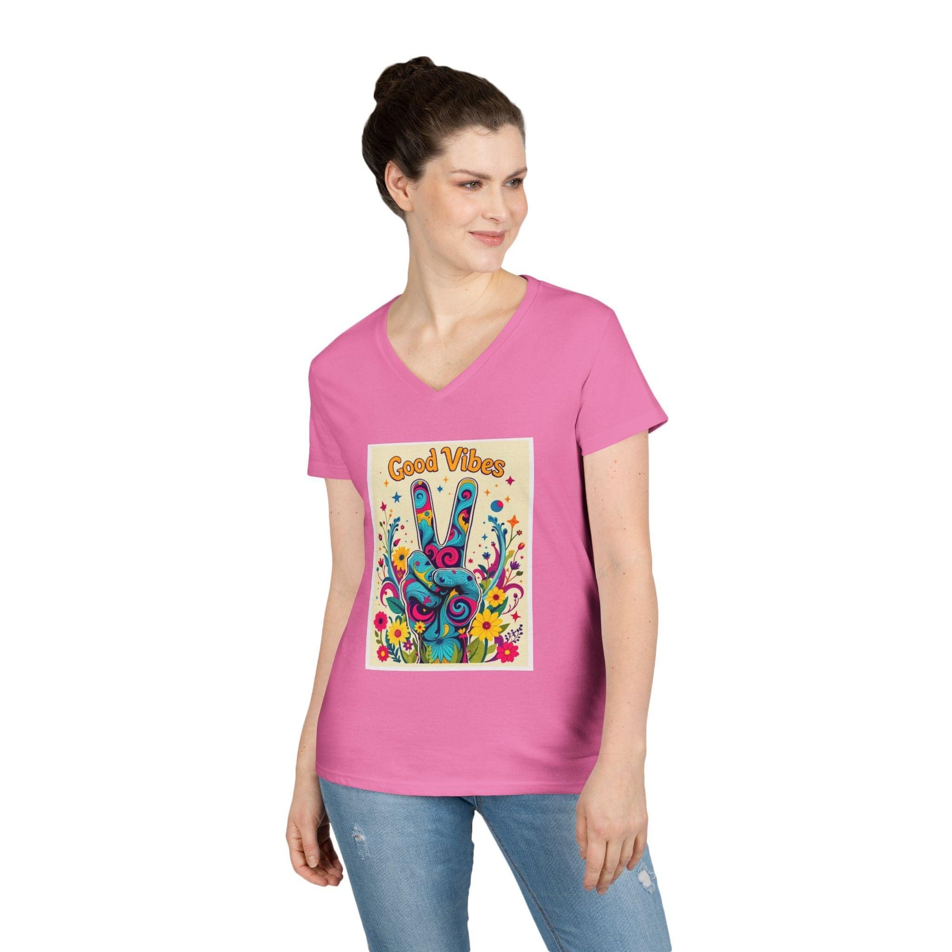 Good Vibes Ladies' V-Neck T-Shirt Peace & Positivity Design.