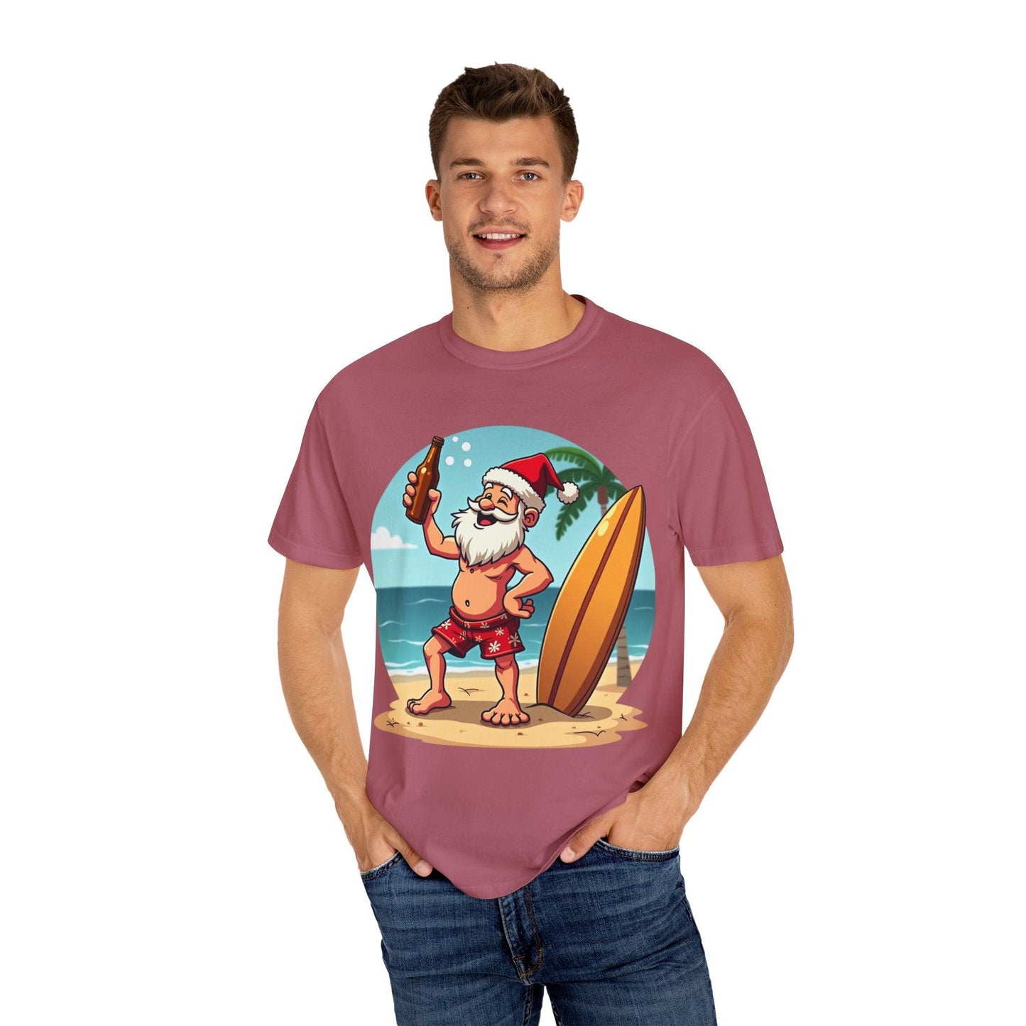 Santa Drinking Beer Surf Tropical Unisex T-Shirt for Fun - Even Keel LLC