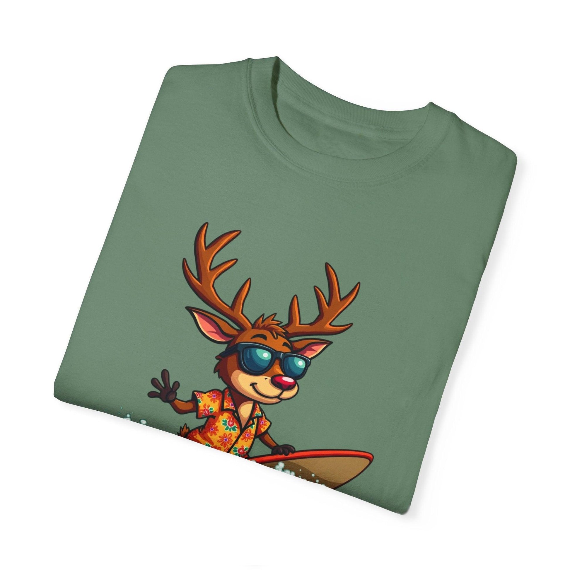 Surfing Reindeer T-Shirt for Fun Holiday Casual Wear - Even Keel LLC