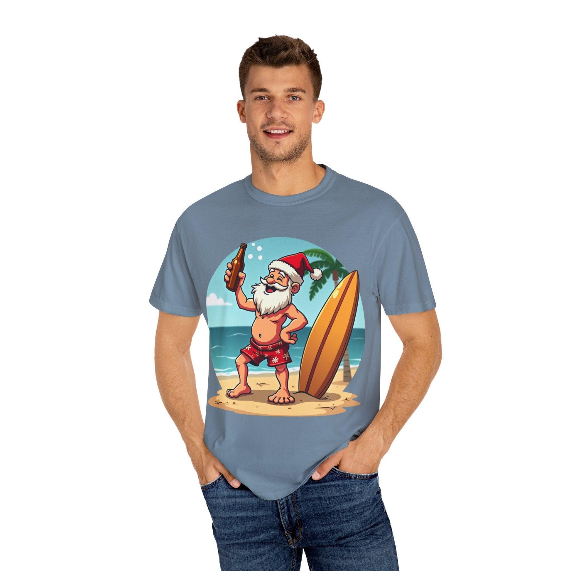 Santa Drinking Beer Surf Tropical Unisex T-Shirt for Fun - Even Keel LLC