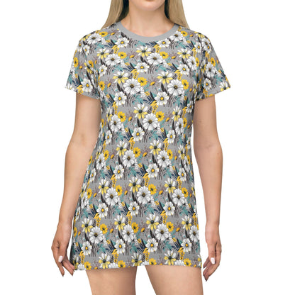 Floral Summer T-Shirt Dress Gray Yellow White - Even Keel LLC