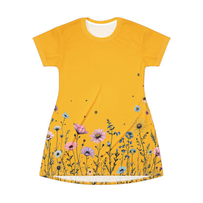 Sunshine Floral T-Shirt Dress - Bright Yellow Floral Style - Even Keel LLC