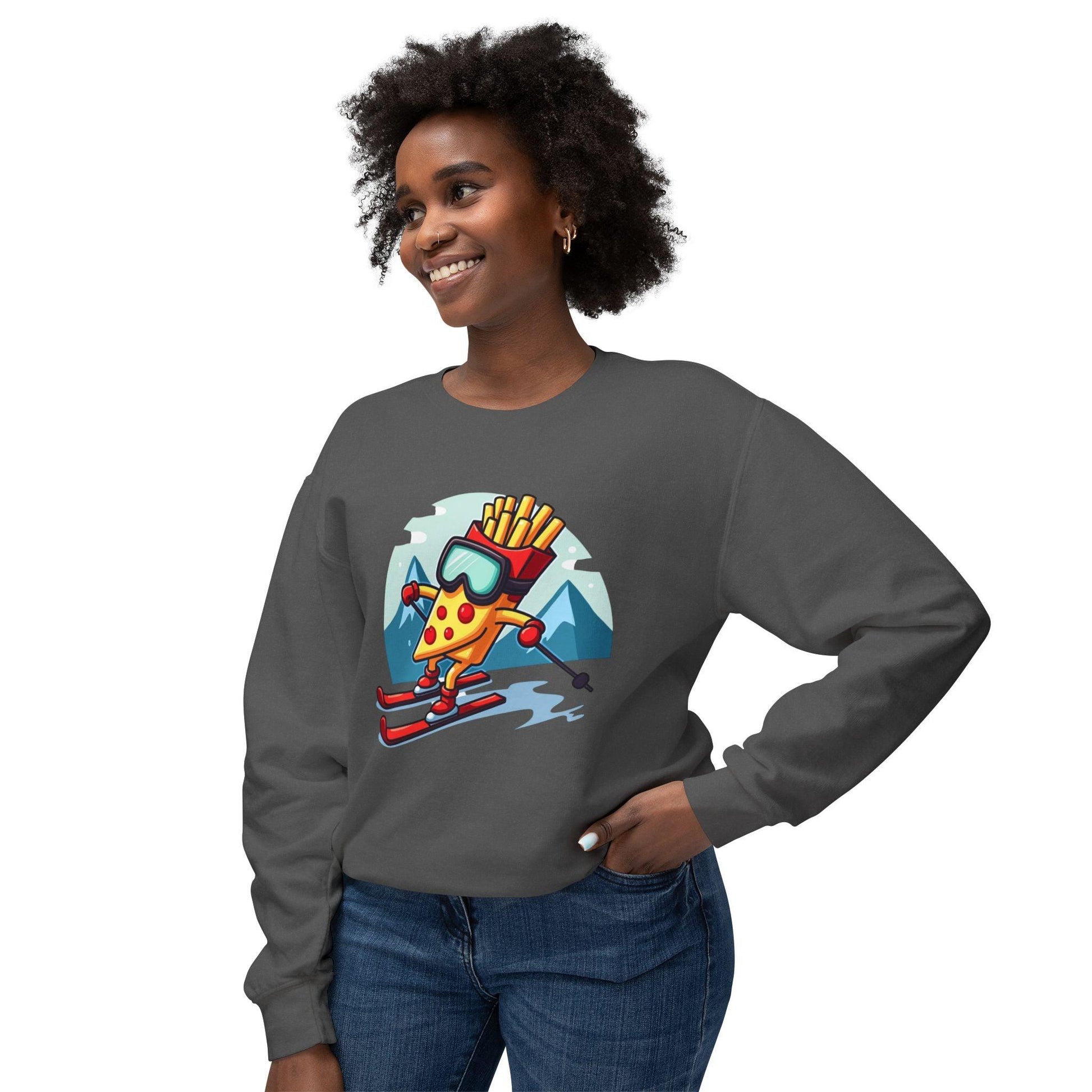 Crewneck Sweatshirt - Pizza Or French Fry Skiing Design - Even Keel LLC