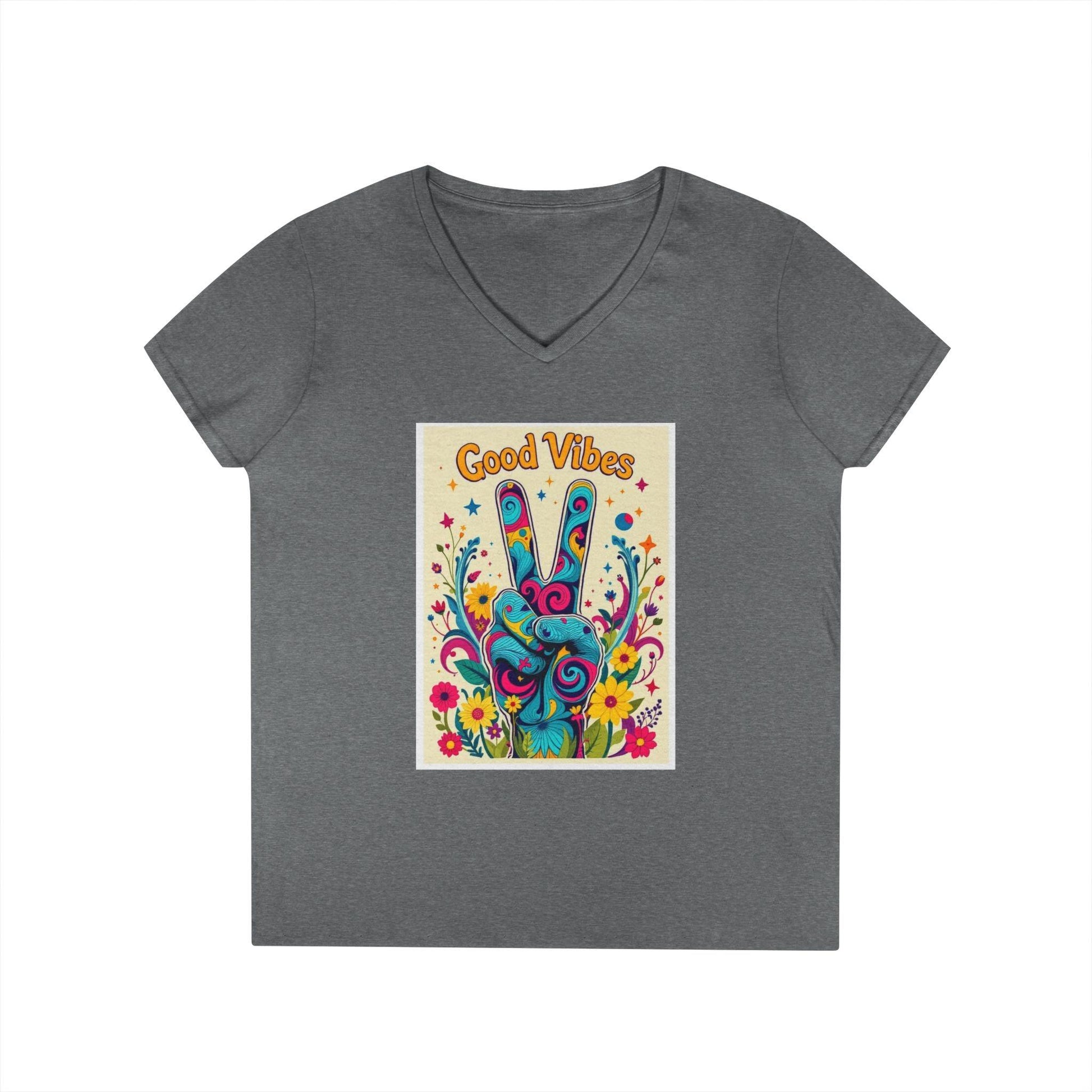 Good Vibes Ladies' V-Neck T-Shirt Peace & Positivity Design.