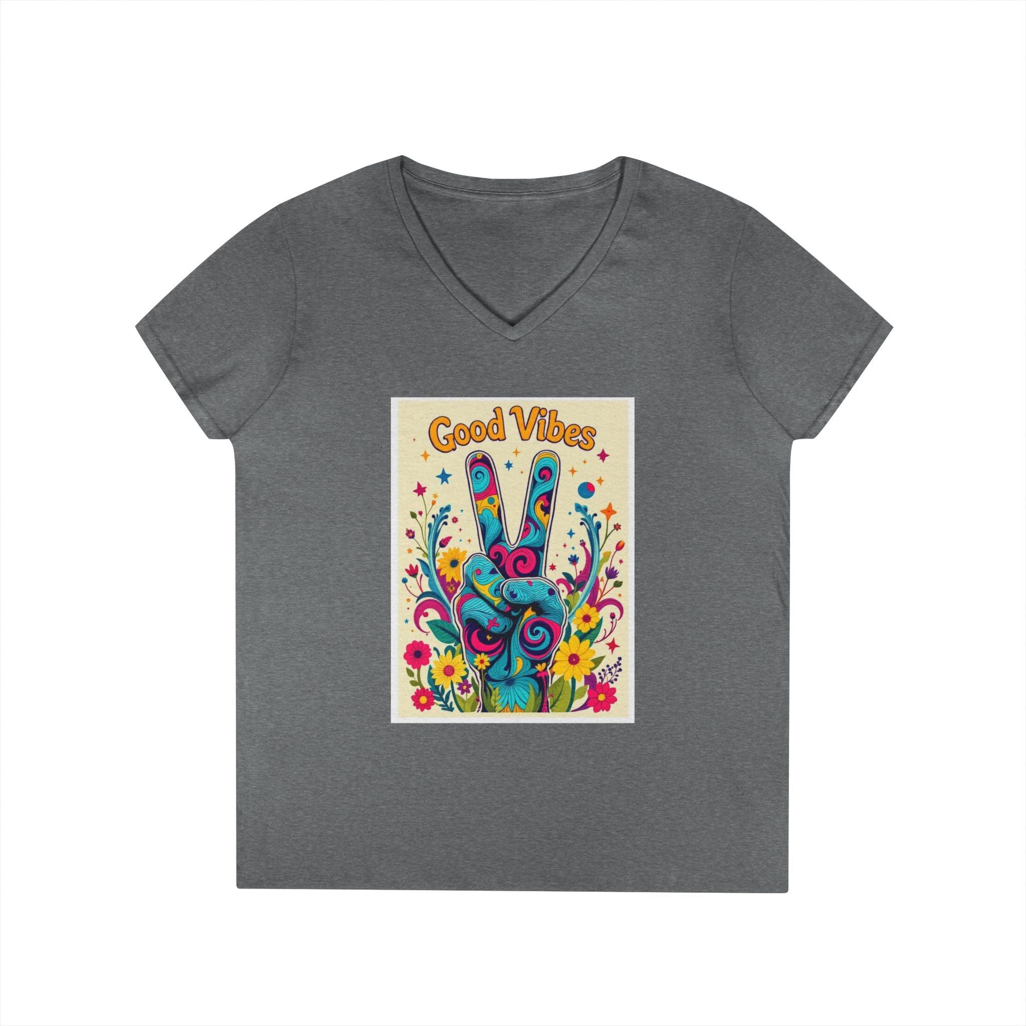 Good Vibes Ladies' V-Neck T-Shirt Peace & Positivity Design - Even Keel LLC