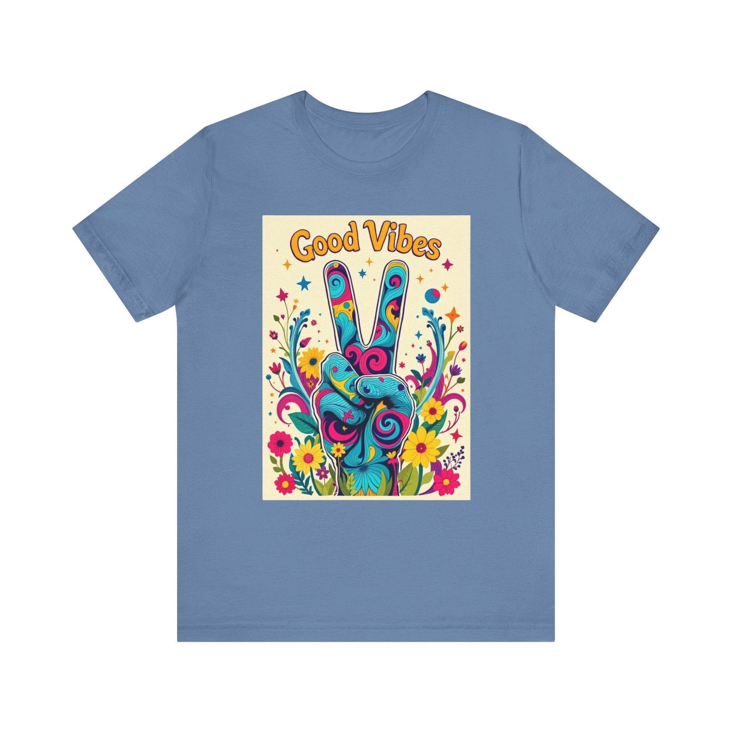 Good Vibes Unisex Jersey Tee Colorful Peace Flower Design - Even Keel LLC