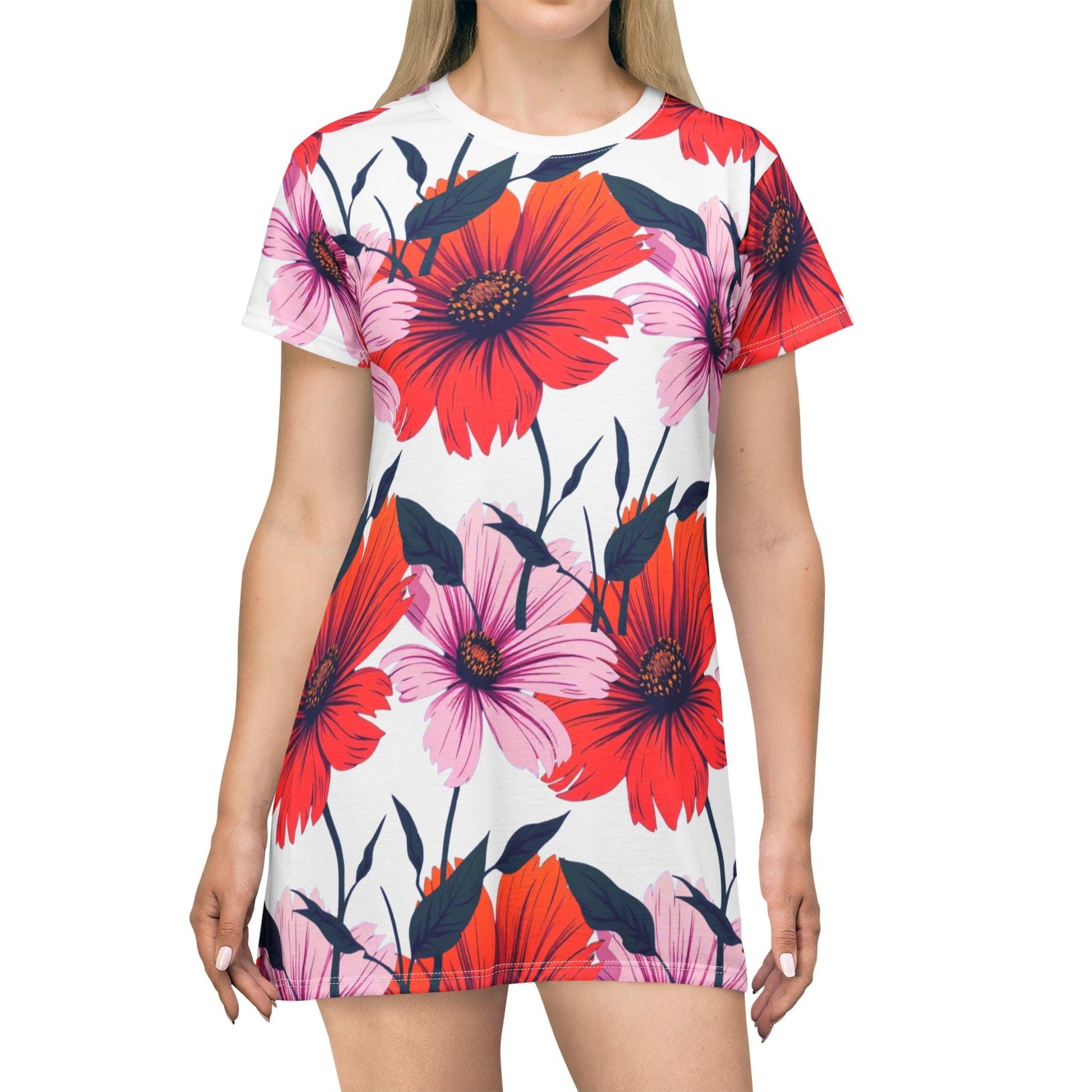 Pink and Orange Floral T-Shirt Dress for Summer Comfort - Even Keel LLC