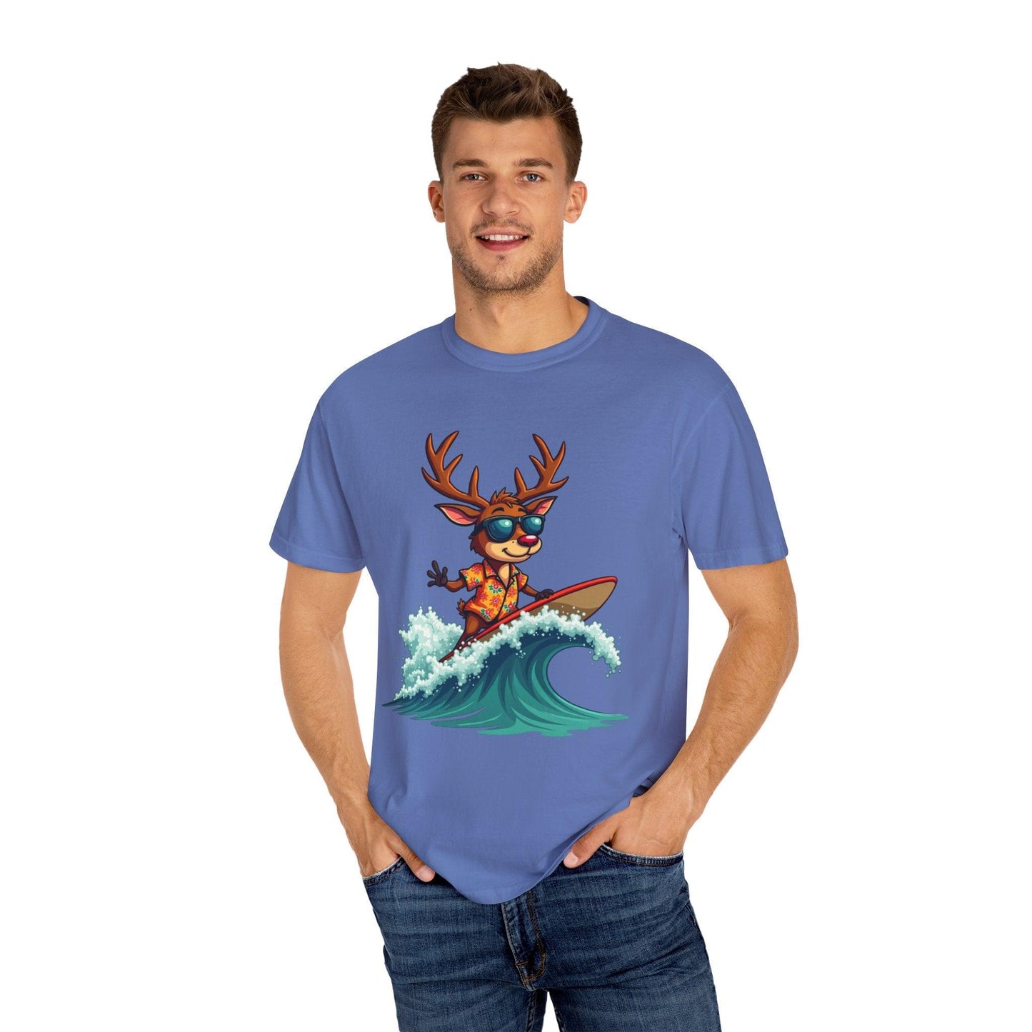 Surfing Reindeer T-Shirt for Fun Holiday Casual Wear - Even Keel LLC