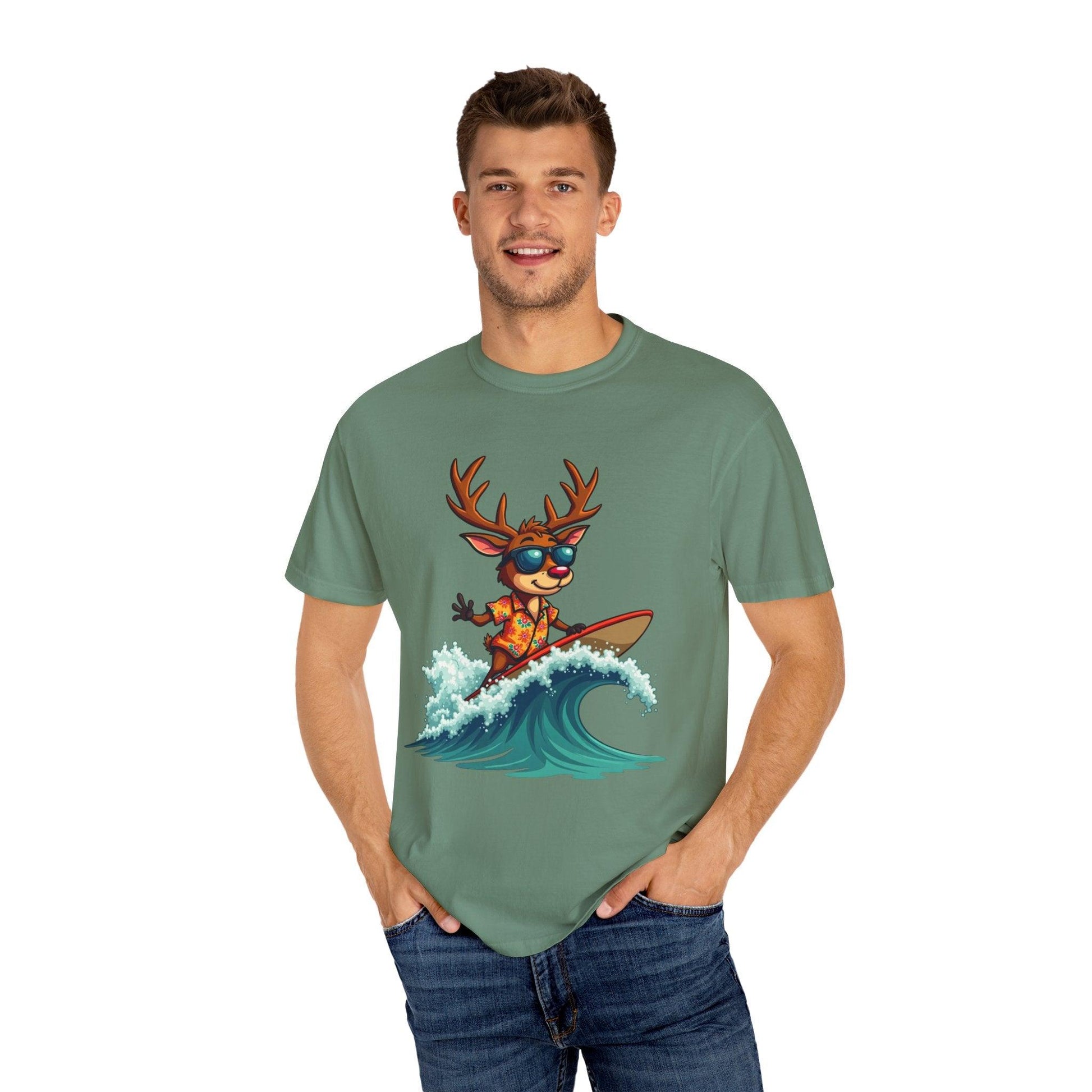 Surfing Reindeer T-Shirt for Fun Holiday Casual Wear - Even Keel LLC