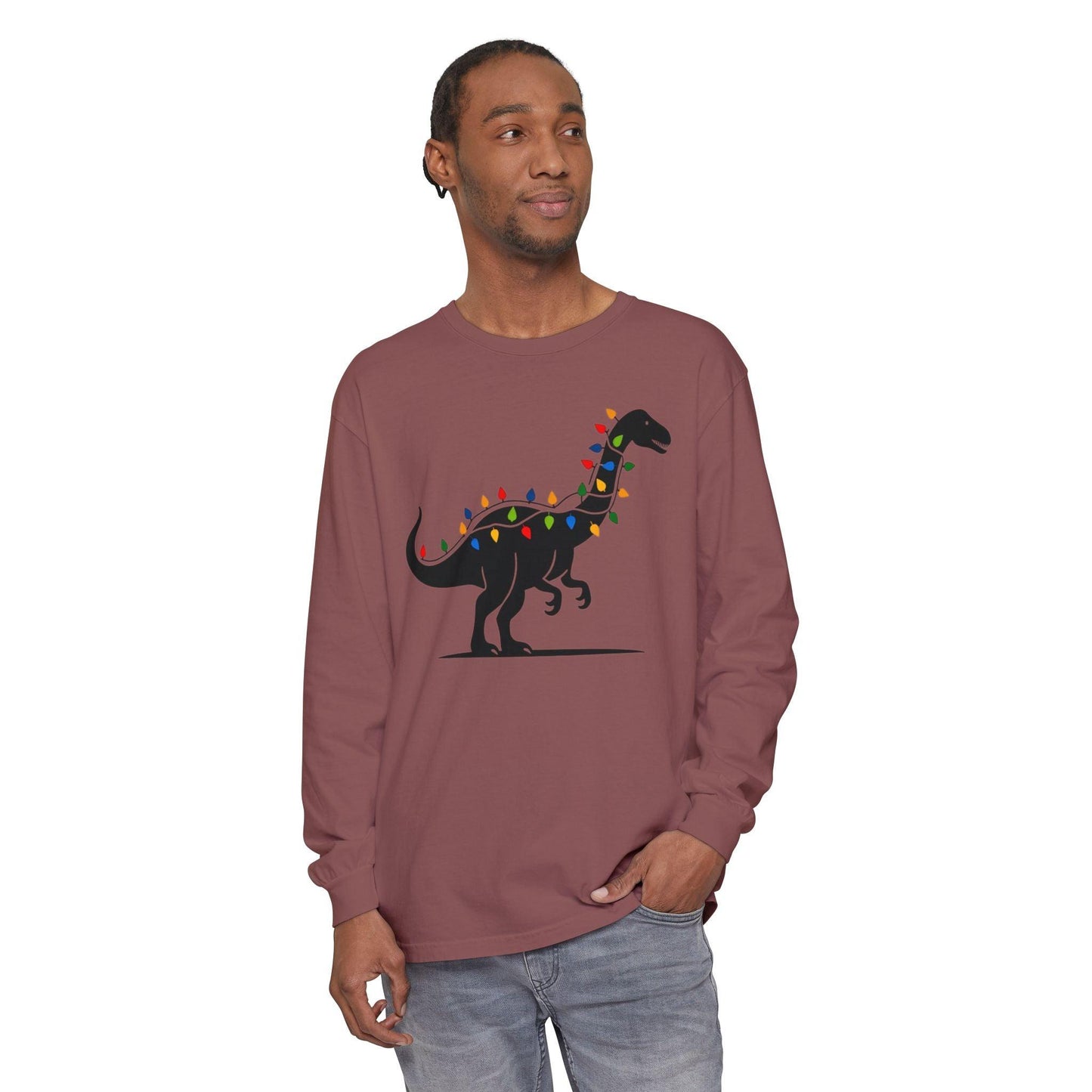 Christmas Dinosaur Long Sleeve T-Shirt for Holiday Fun - Even Keel LLC