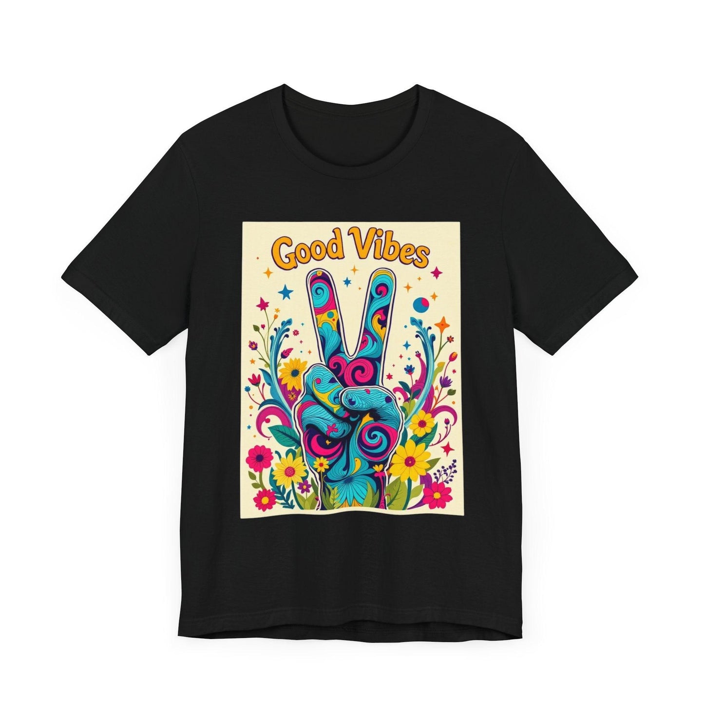 Good Vibes Unisex Jersey Tee Colorful Peace Flower Design - Even Keel LLC