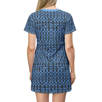 Blue Patterned T-Shirt Dress - Comfortable Casual Floral Dress - Even Keel LLC