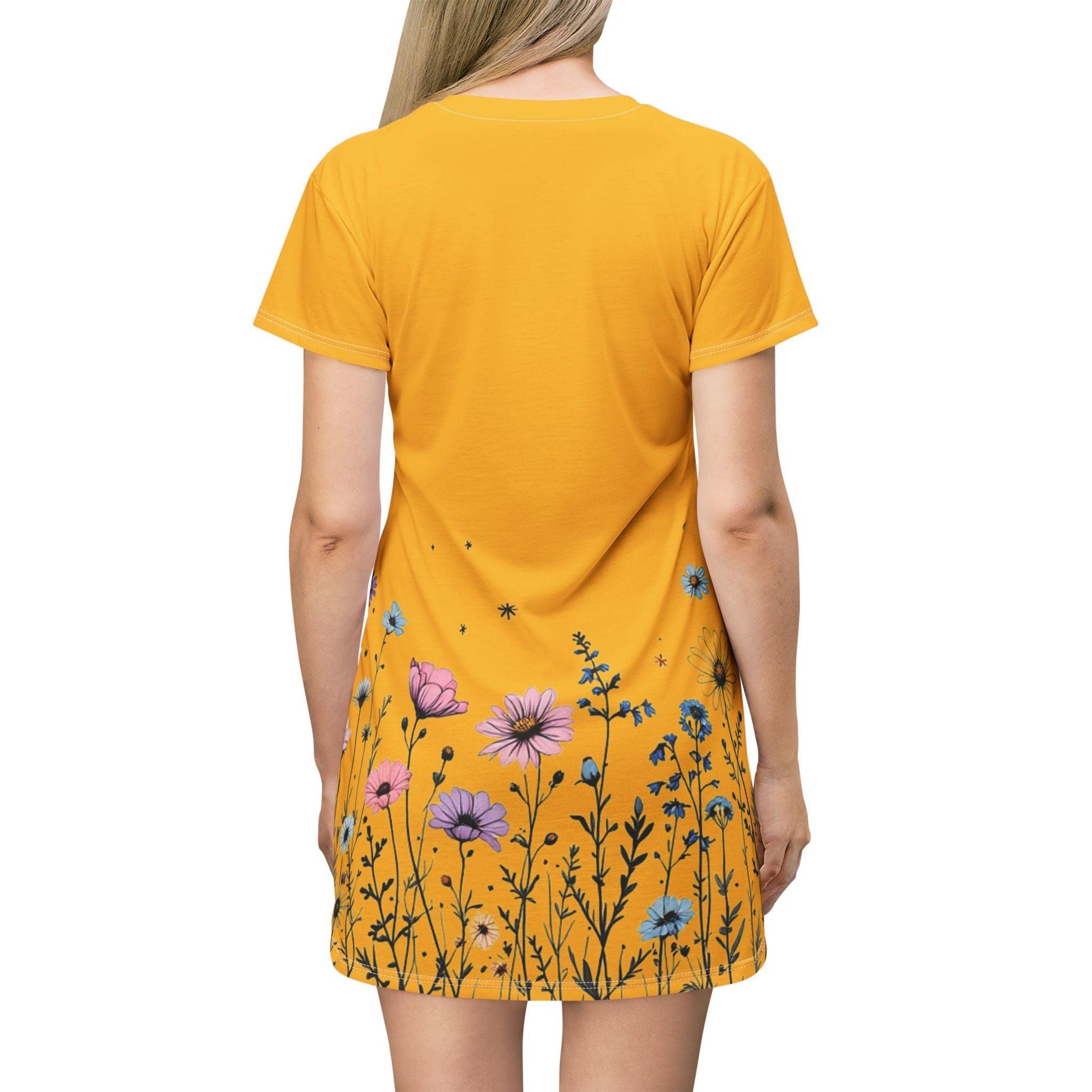 Sunshine Floral T-Shirt Dress - Bright Yellow Floral Style - Even Keel LLC